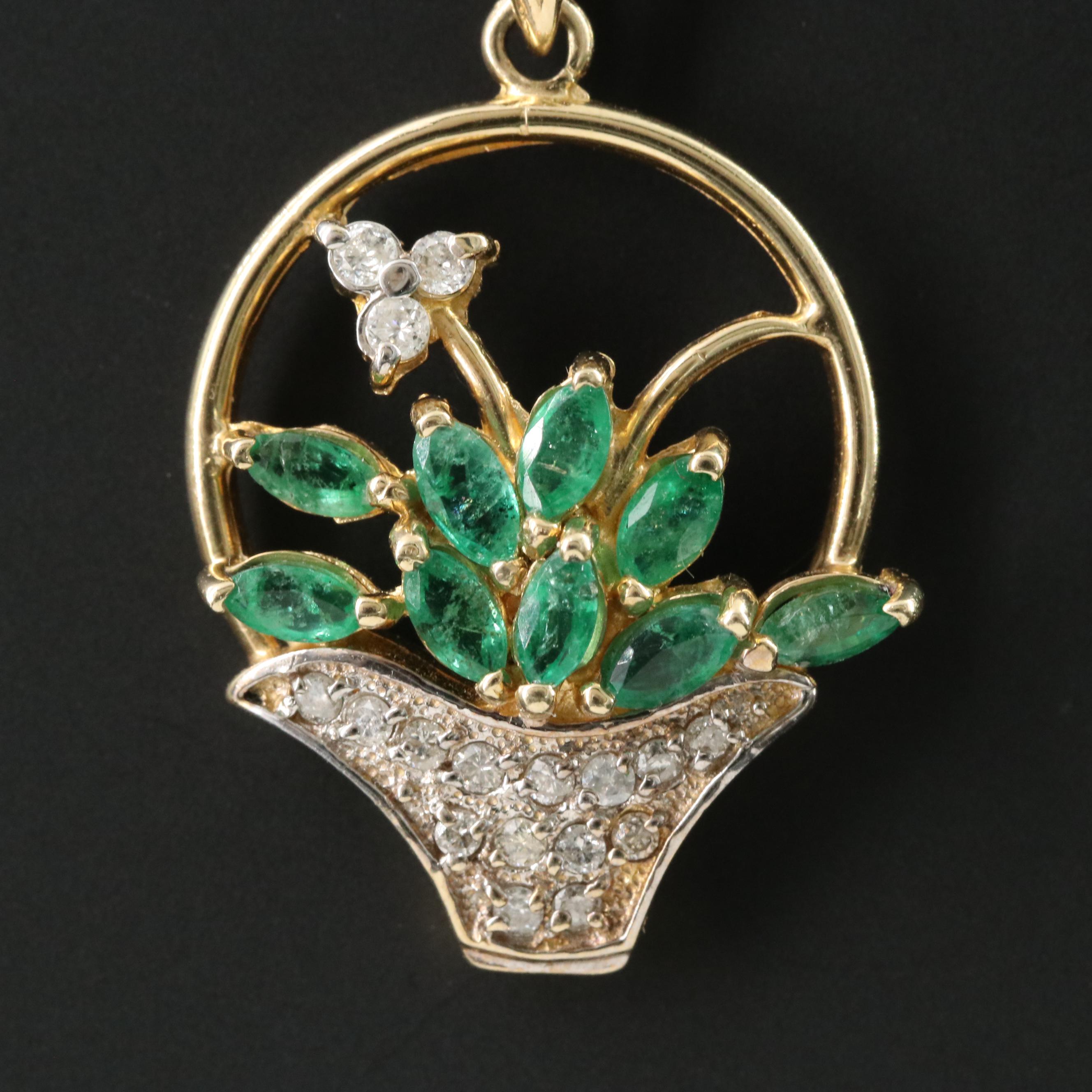 14K Emerald and Diamond Basket Pendant