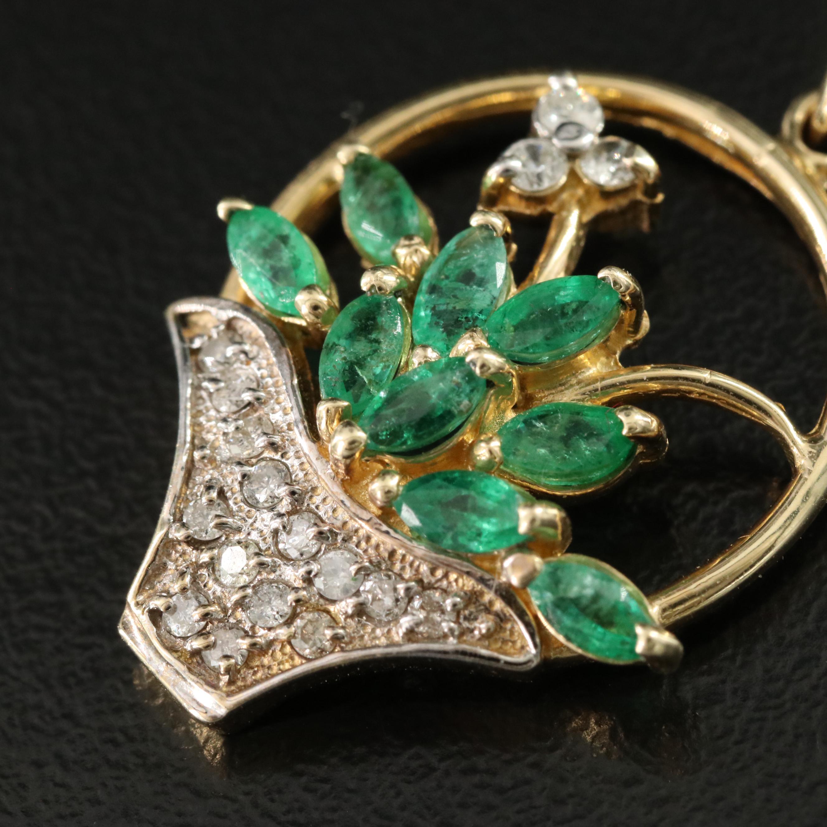 14K Emerald and Diamond Basket Pendant