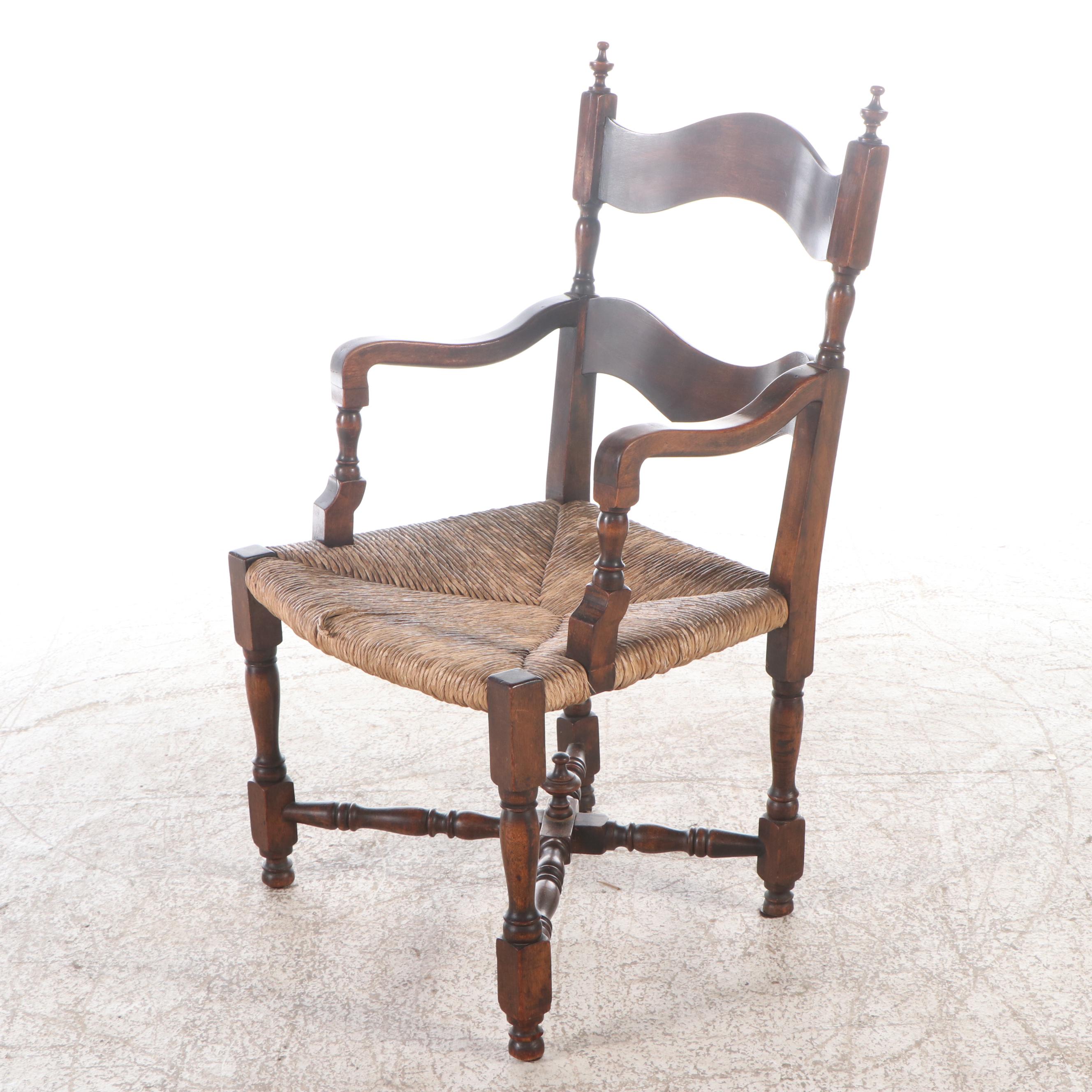 Pair of Jacobean Revival Ladderback Armchairs with Rush Seats, 19th Century