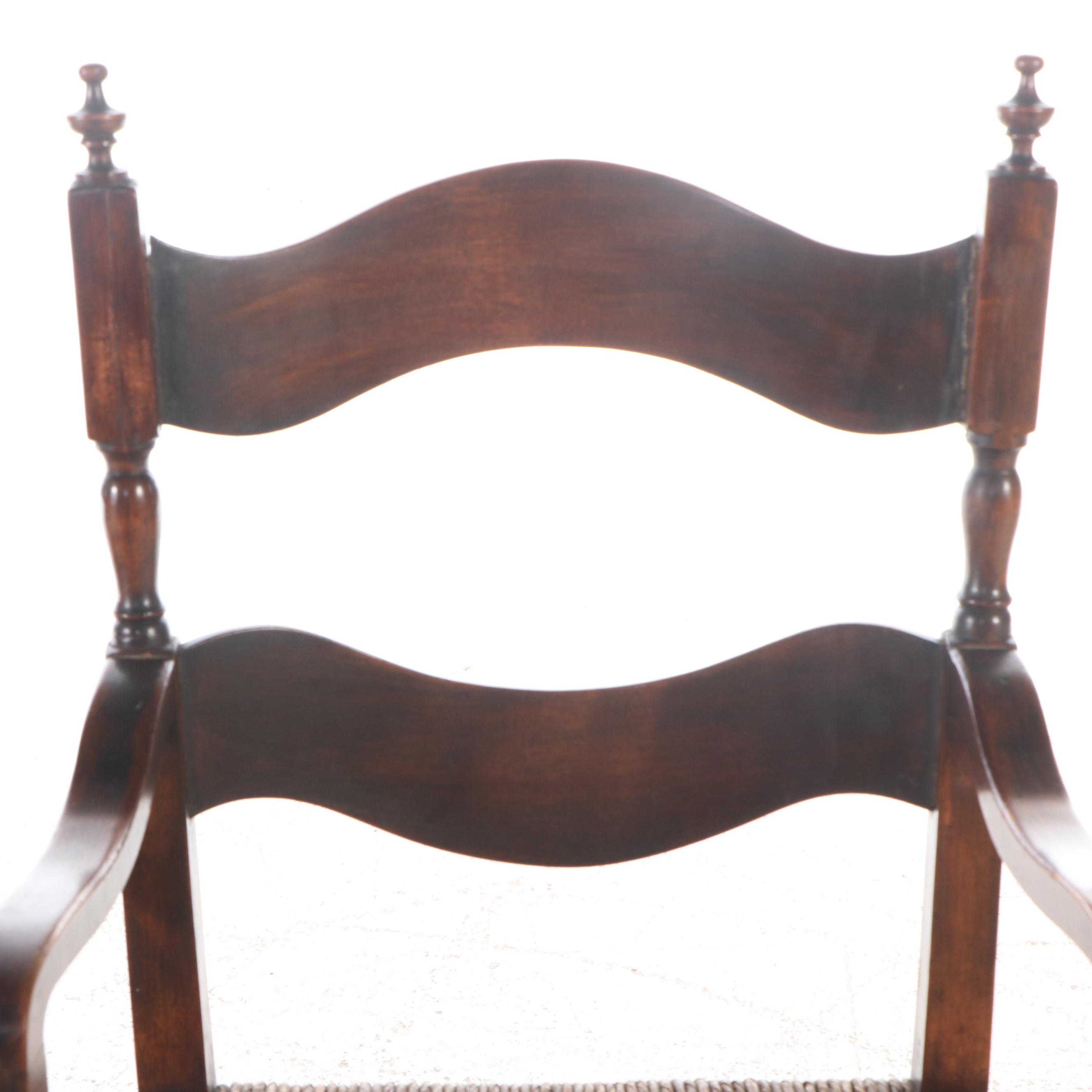 Pair of Jacobean Revival Ladderback Armchairs with Rush Seats, 19th Century