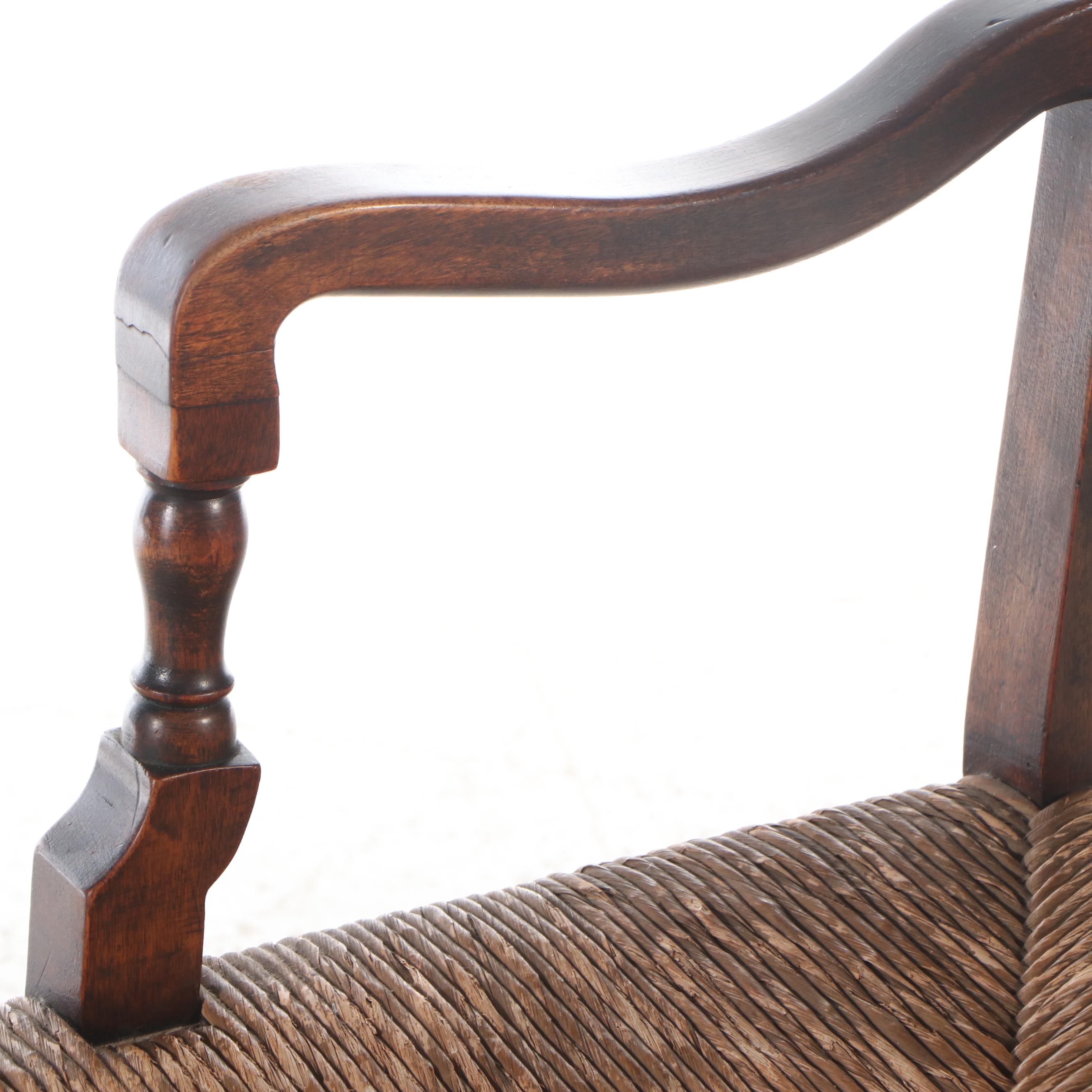 Pair of Jacobean Revival Ladderback Armchairs with Rush Seats, 19th Century