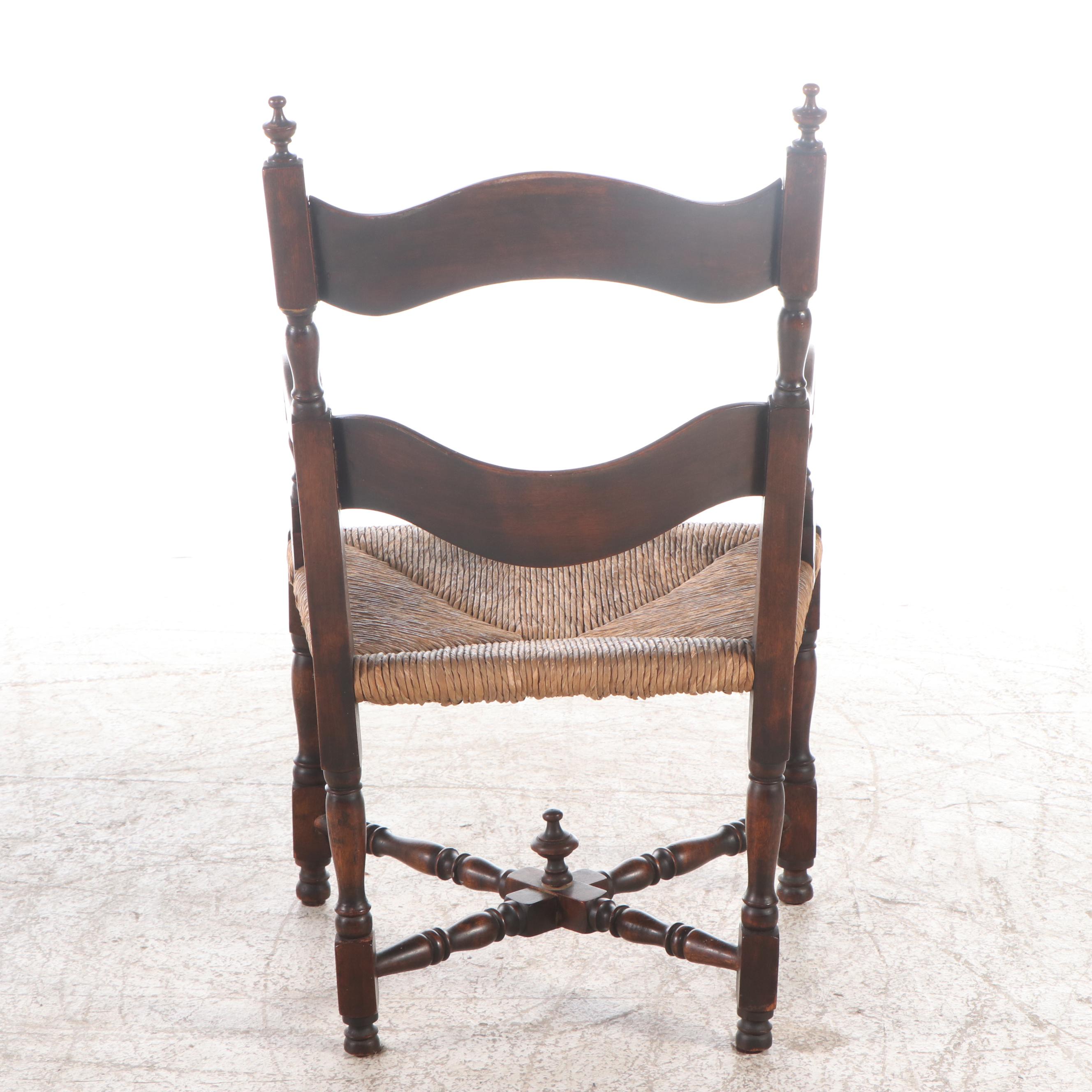 Pair of Jacobean Revival Ladderback Armchairs with Rush Seats, 19th Century