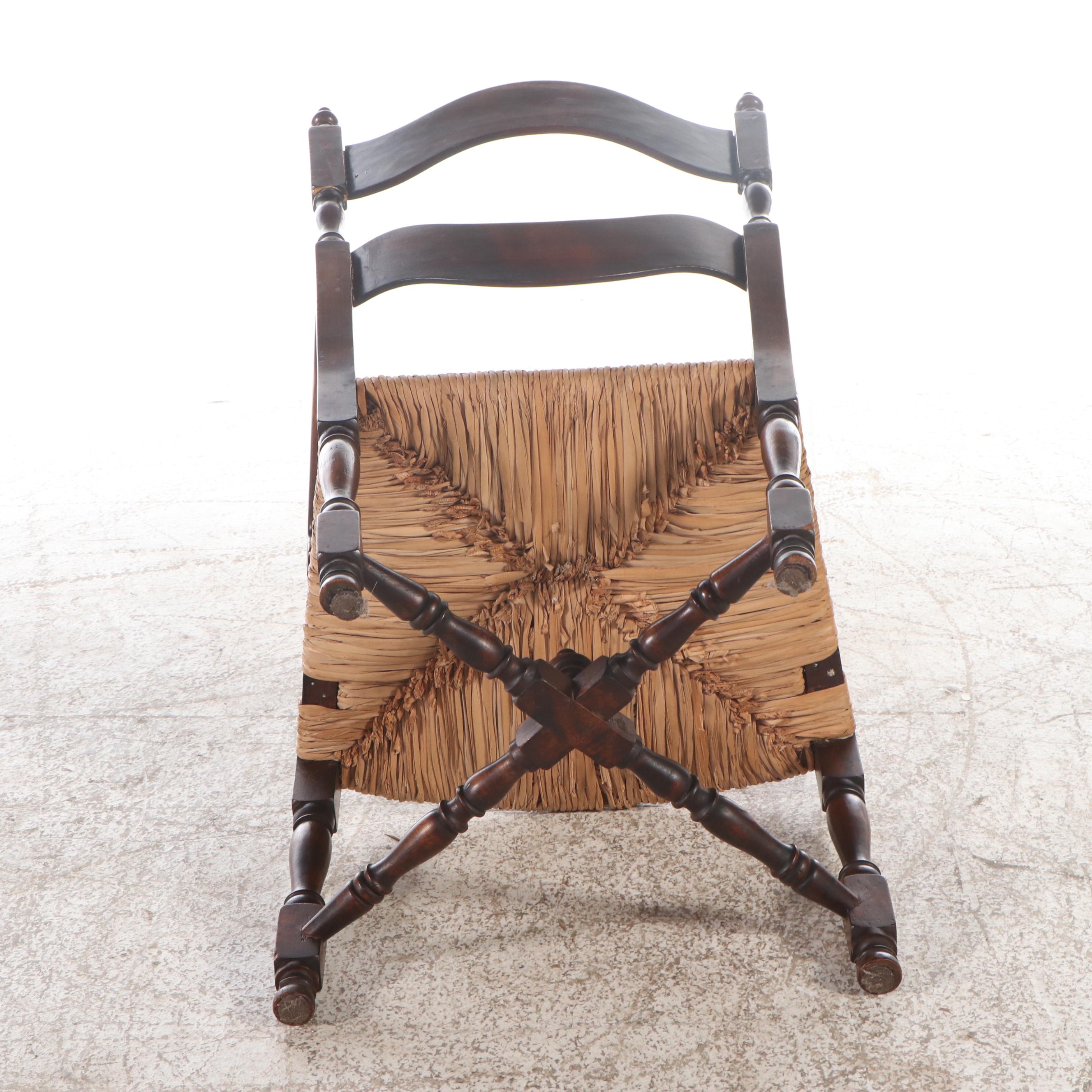 Pair of Jacobean Revival Ladderback Armchairs with Rush Seats, 19th Century