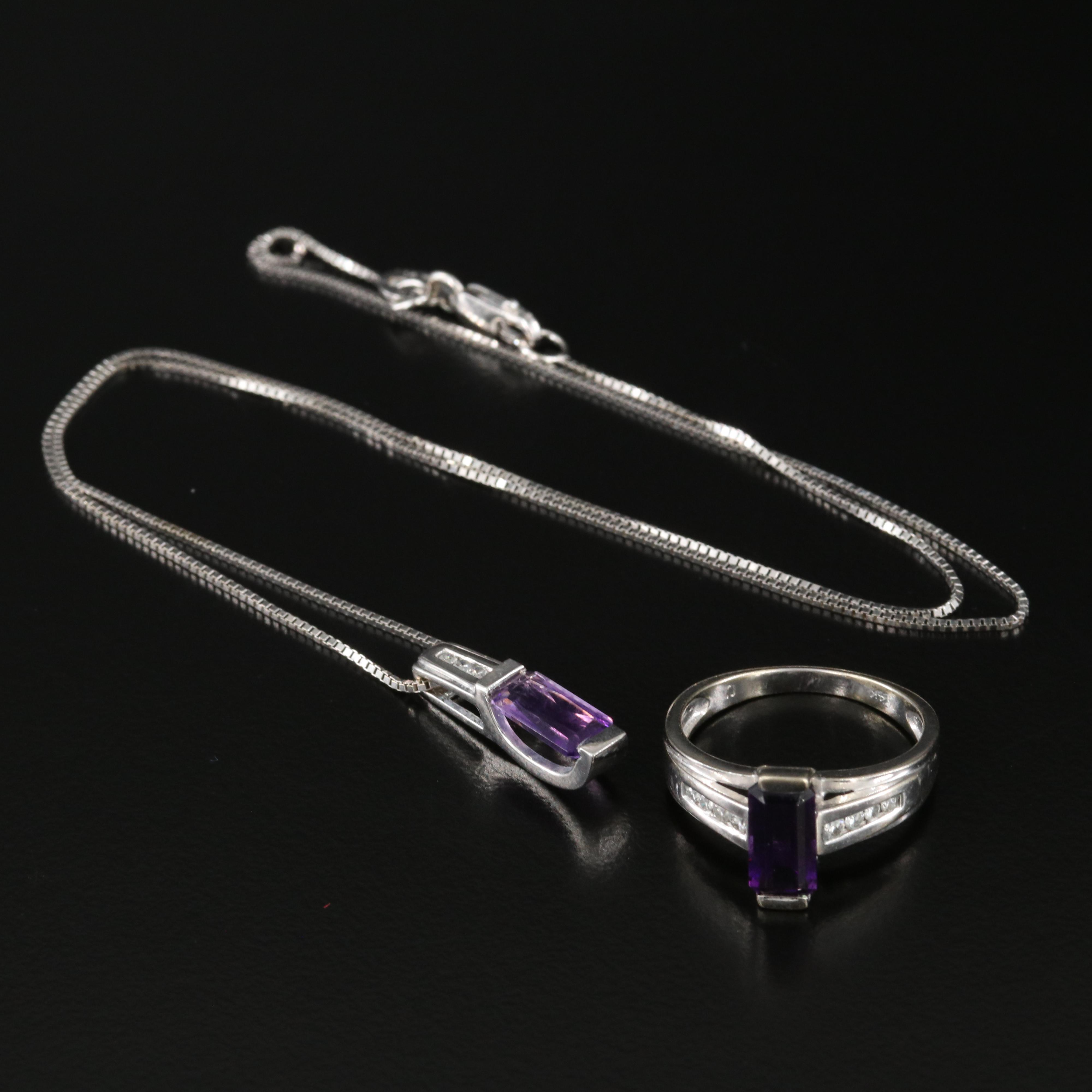 14K Amethyst and Diamond Ring and Pendant Necklace