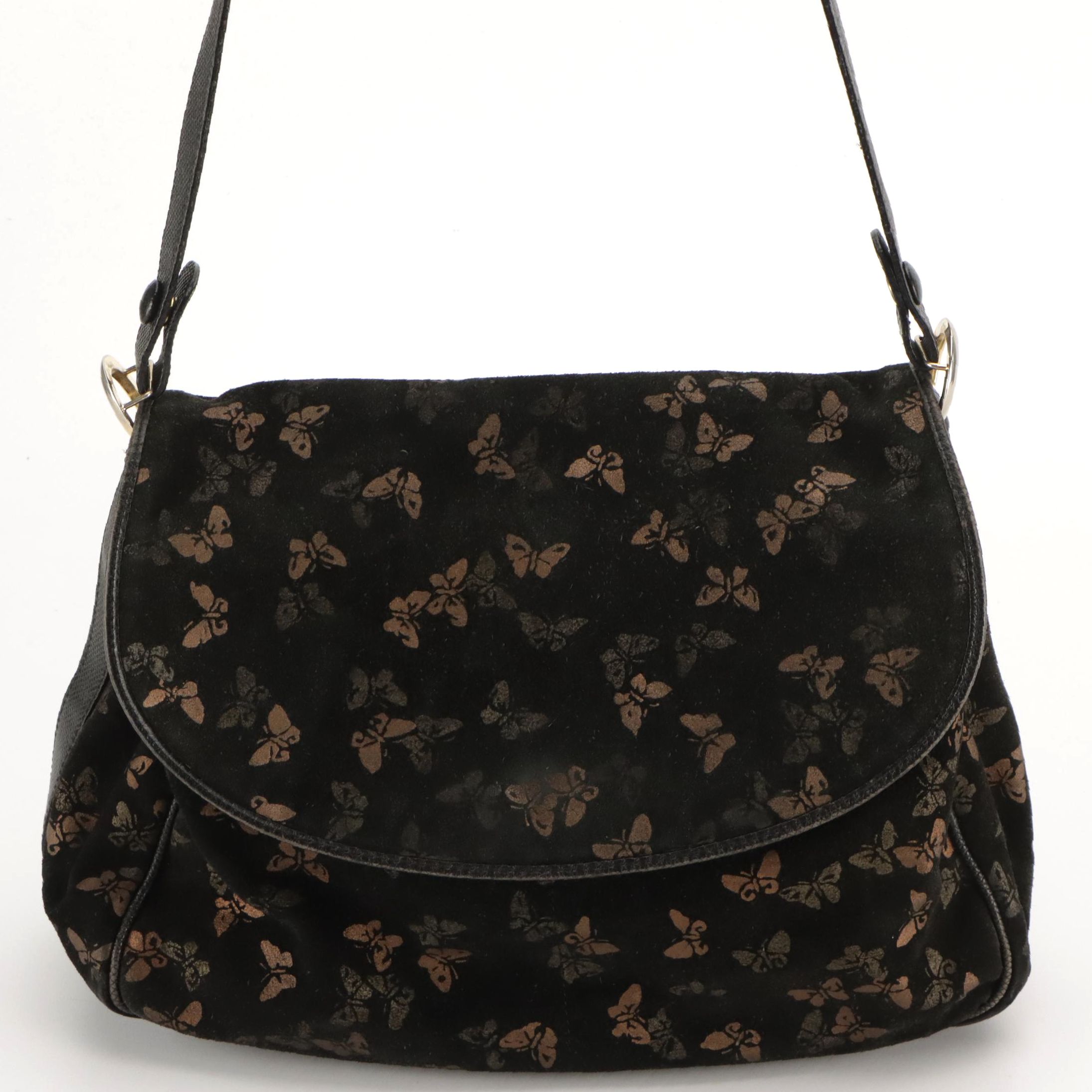 Bottega Veneta Shoulder Bag in Metallic Butterfly Print Black Suede and Leather