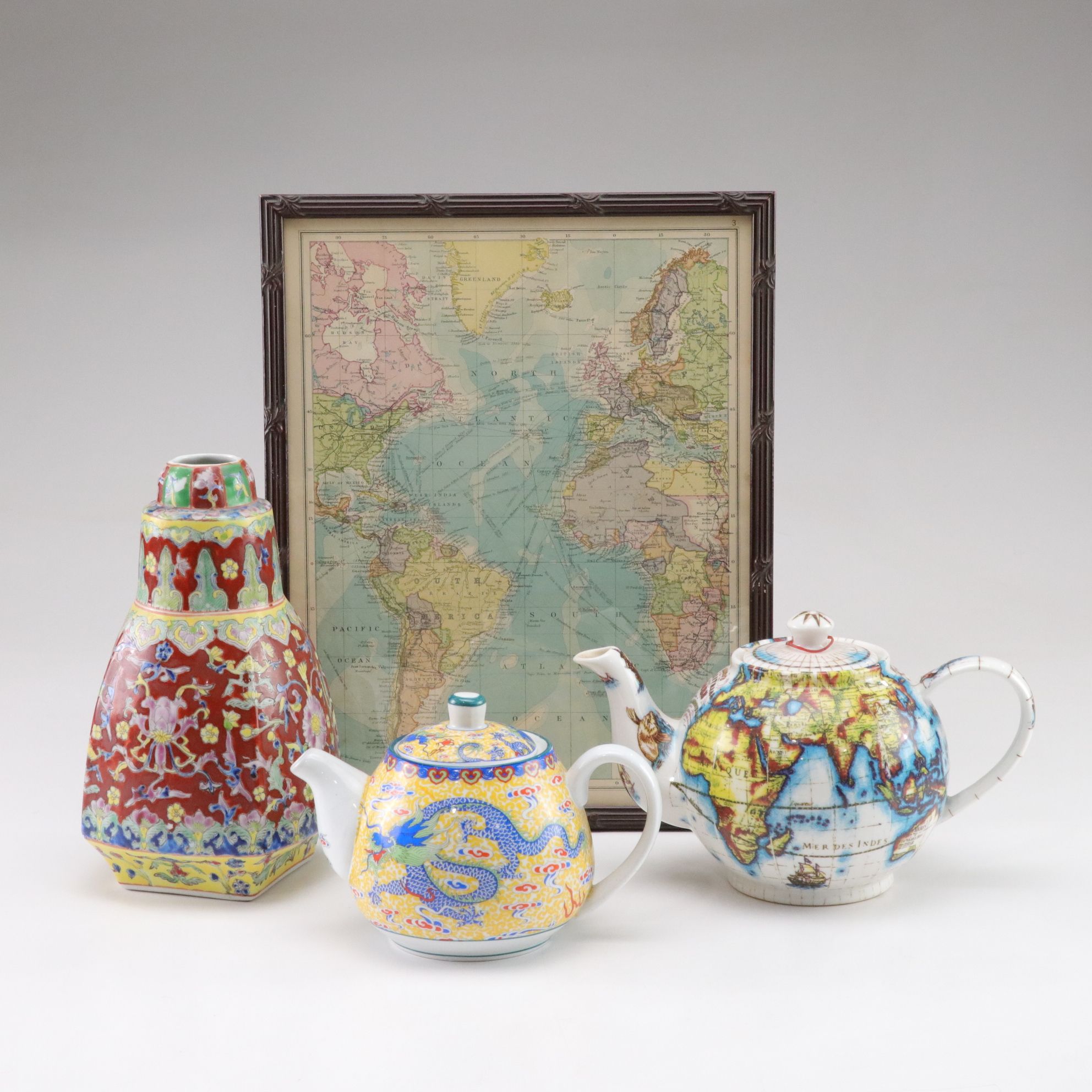 Paul Cardew "Globe" Teapot with Chinese Porcelain Teapot and Vase and Framed Map