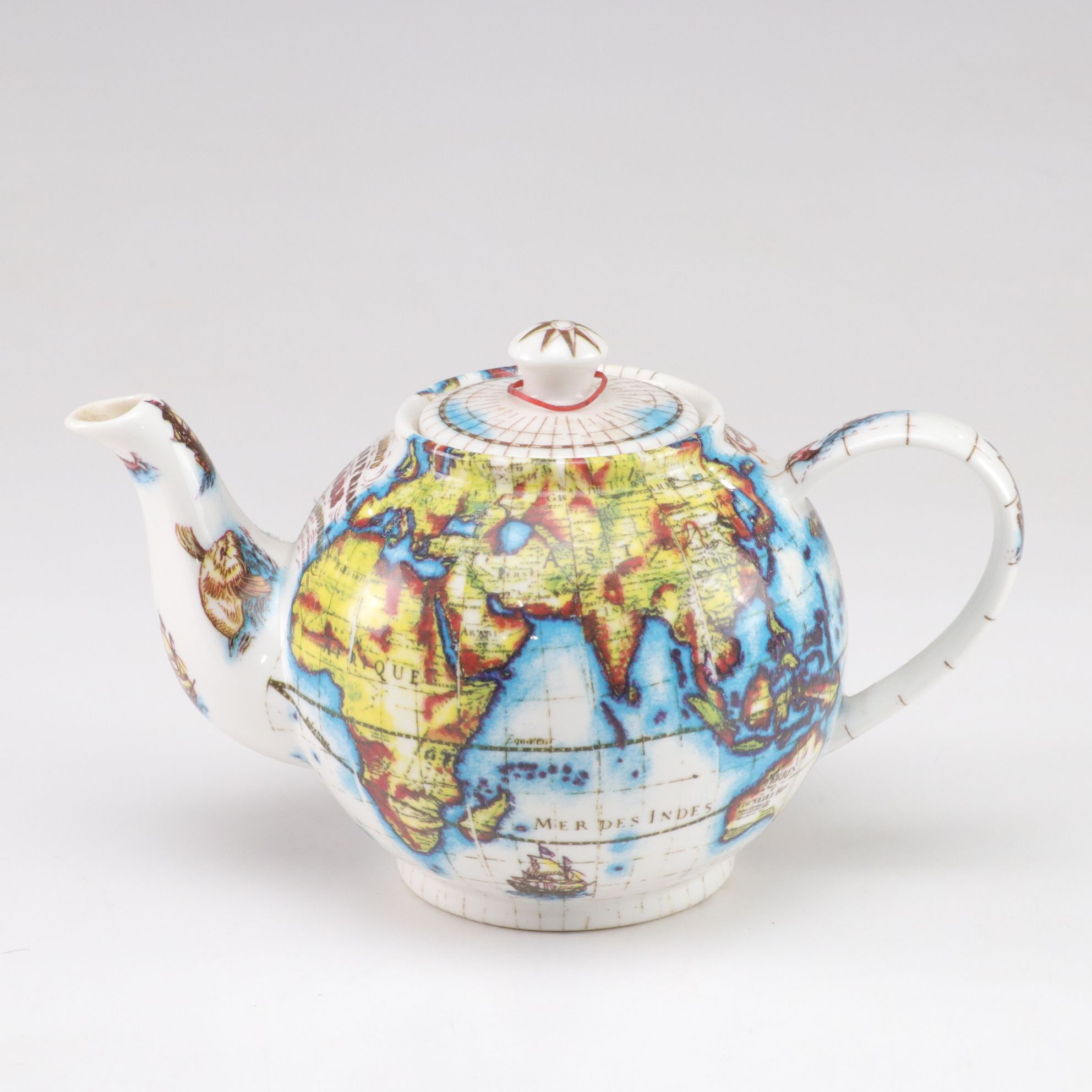 Paul Cardew "Globe" Teapot with Chinese Porcelain Teapot and Vase and Framed Map