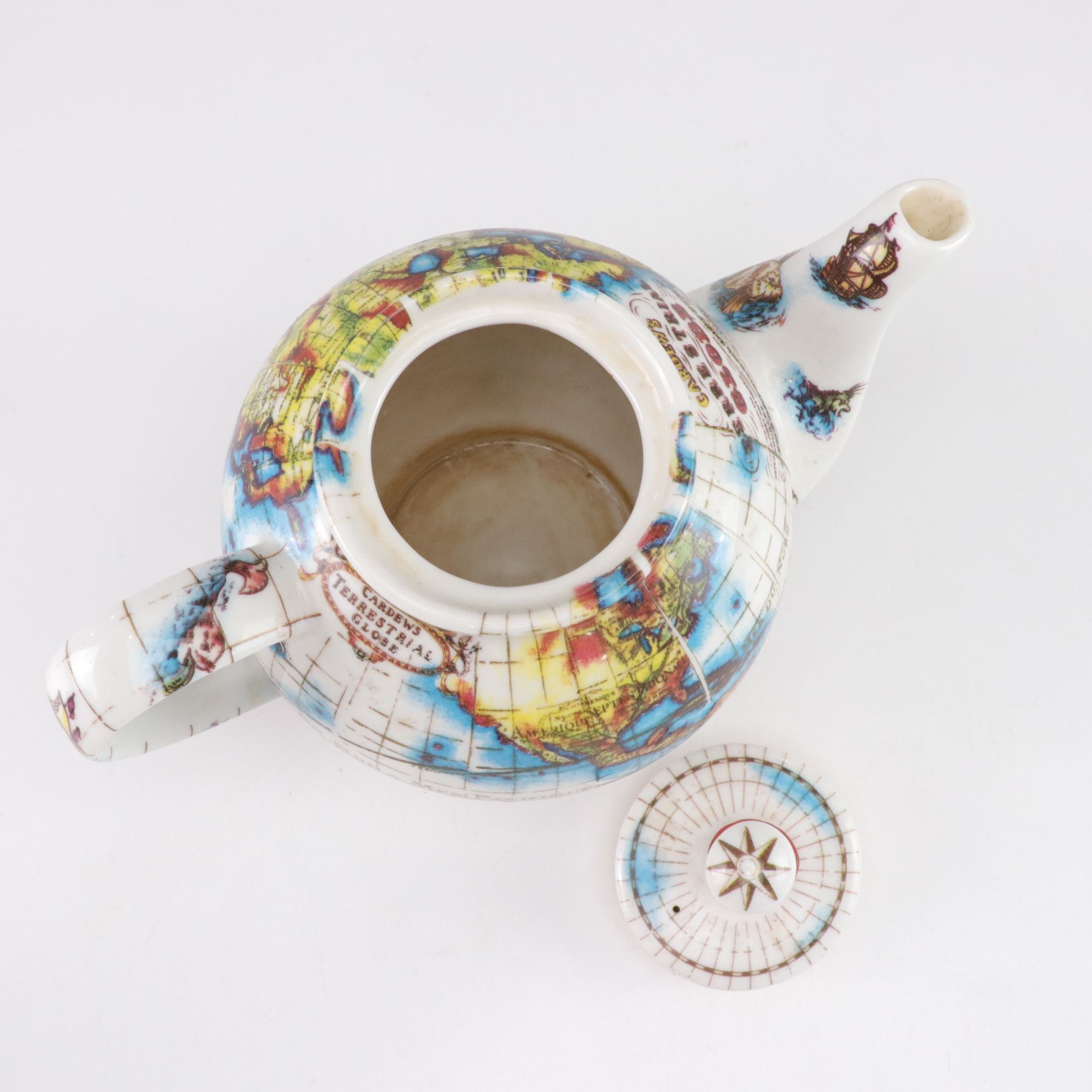 Paul Cardew "Globe" Teapot with Chinese Porcelain Teapot and Vase and Framed Map