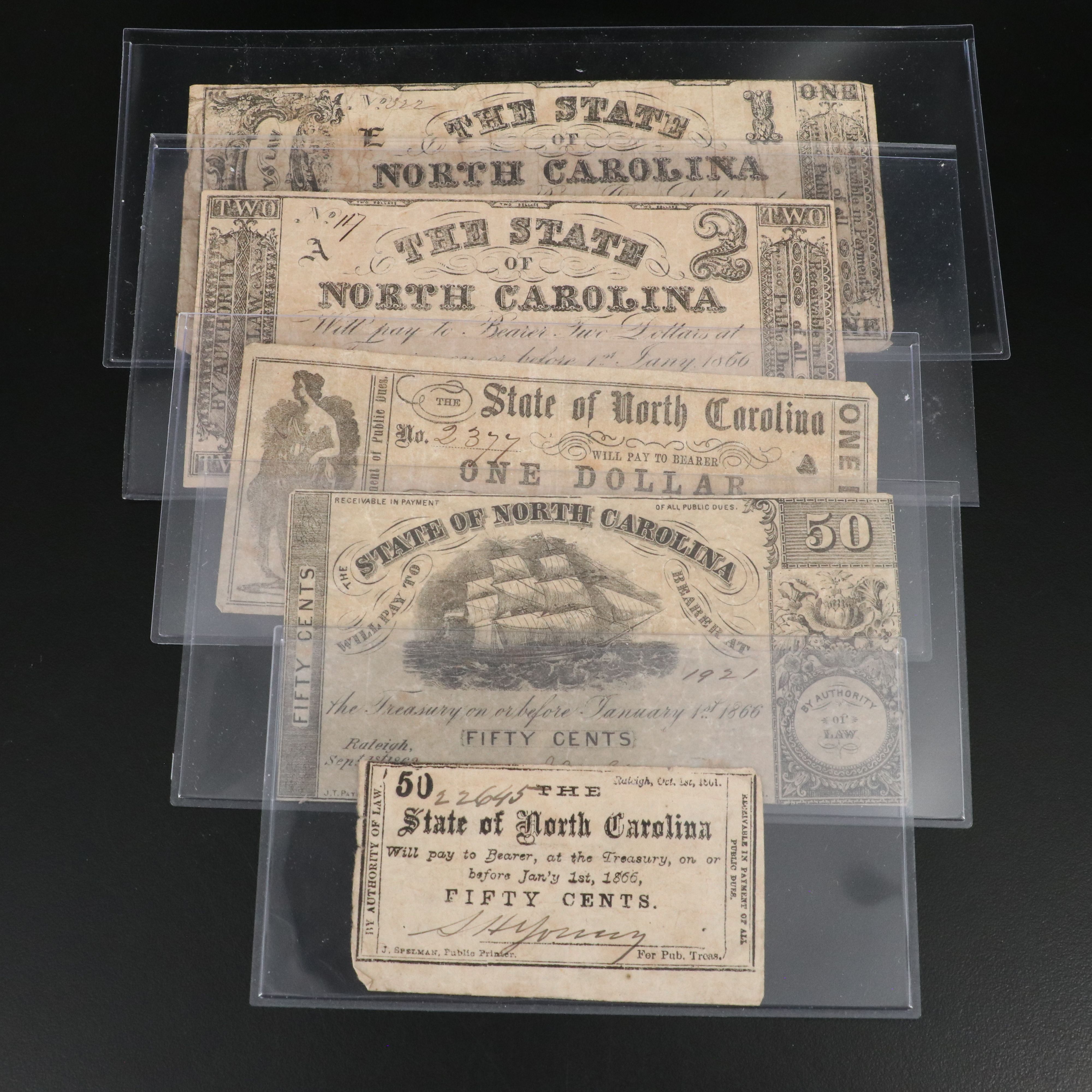 Five Different Civil War Era North Carolina Obsolete Currency Notes