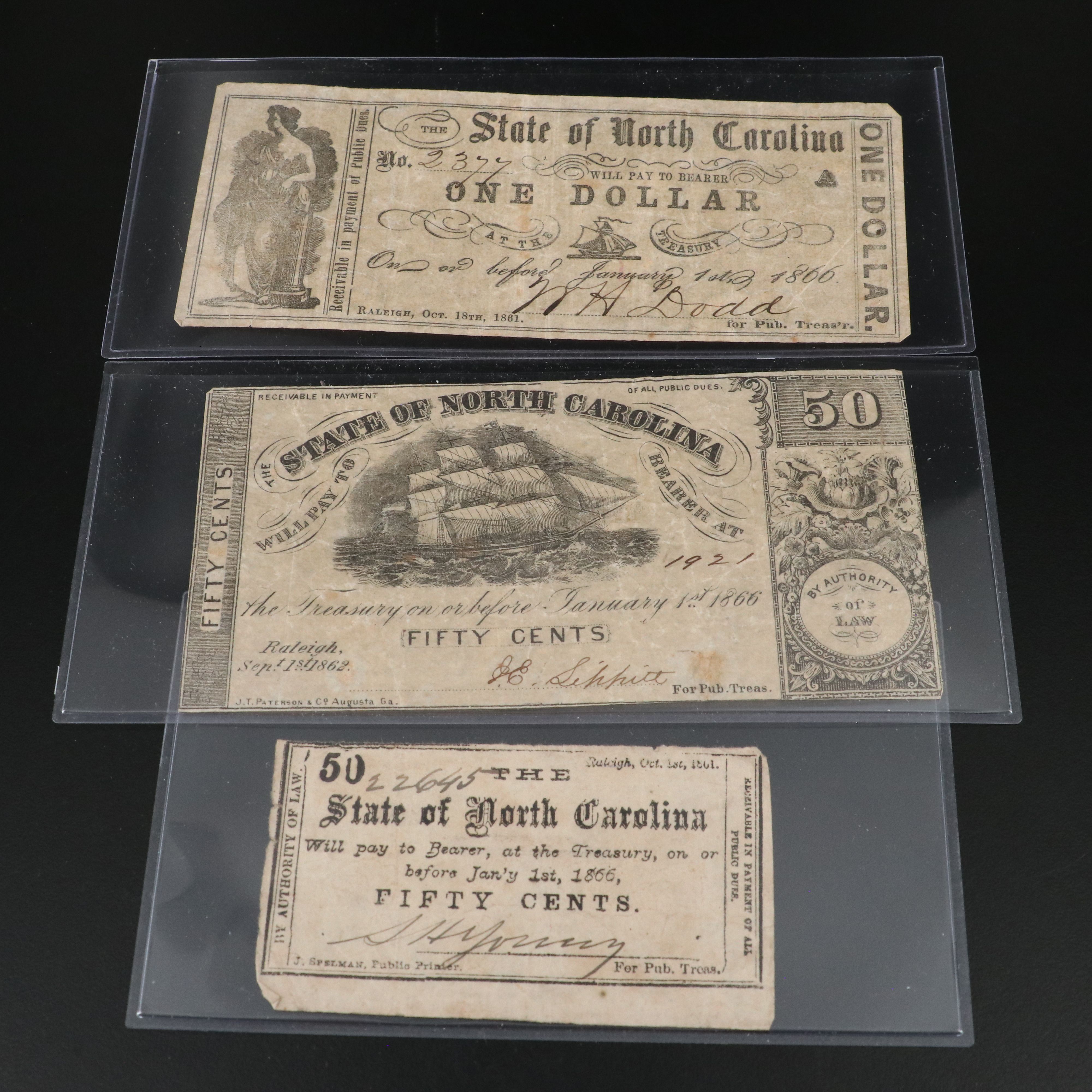 Five Different Civil War Era North Carolina Obsolete Currency Notes