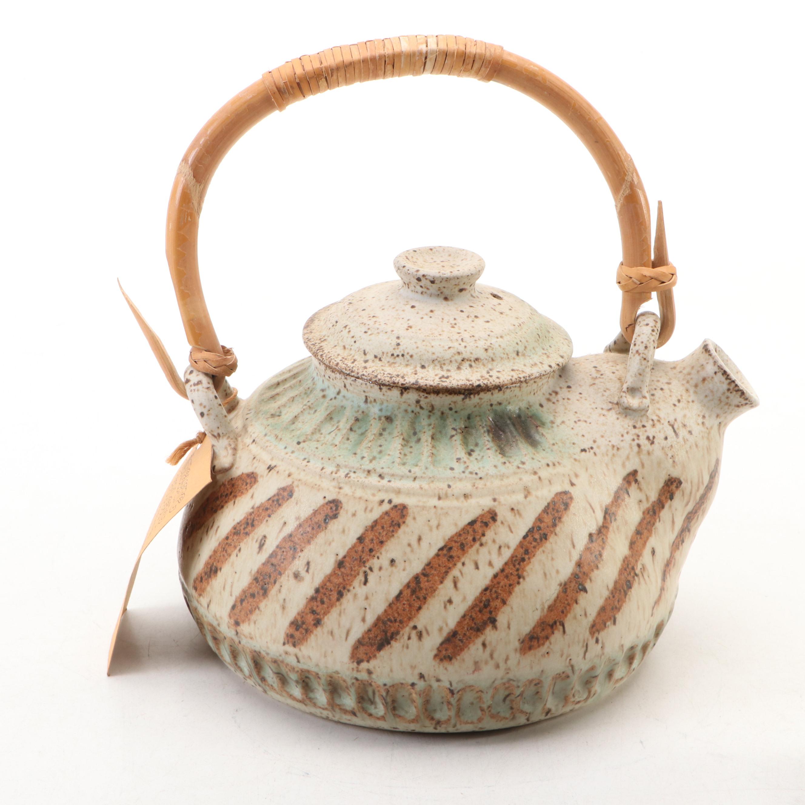 Dick Overman Art Pottery Stoneware Teapot with Wood Handle and Mugs