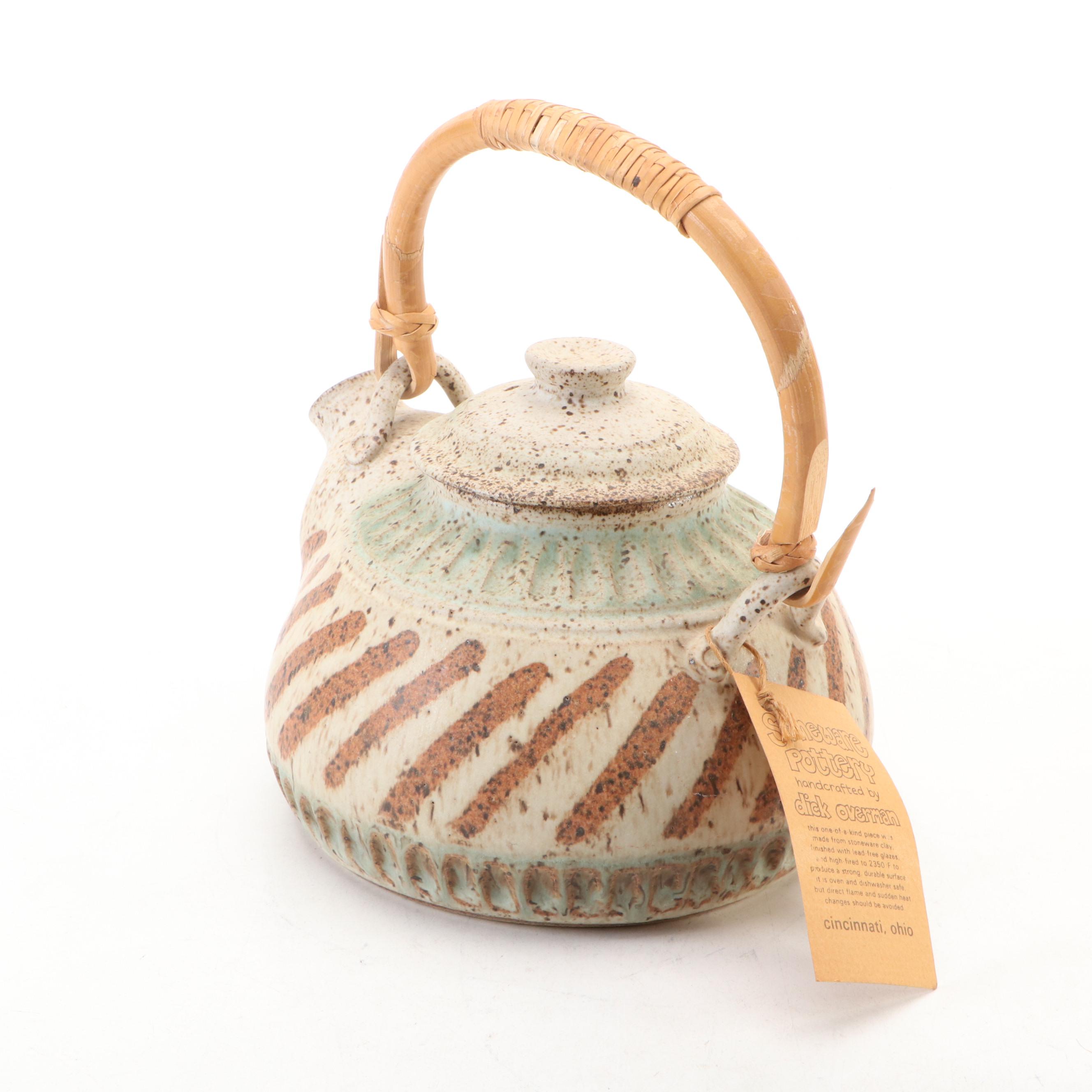 Dick Overman Art Pottery Stoneware Teapot with Wood Handle and Mugs