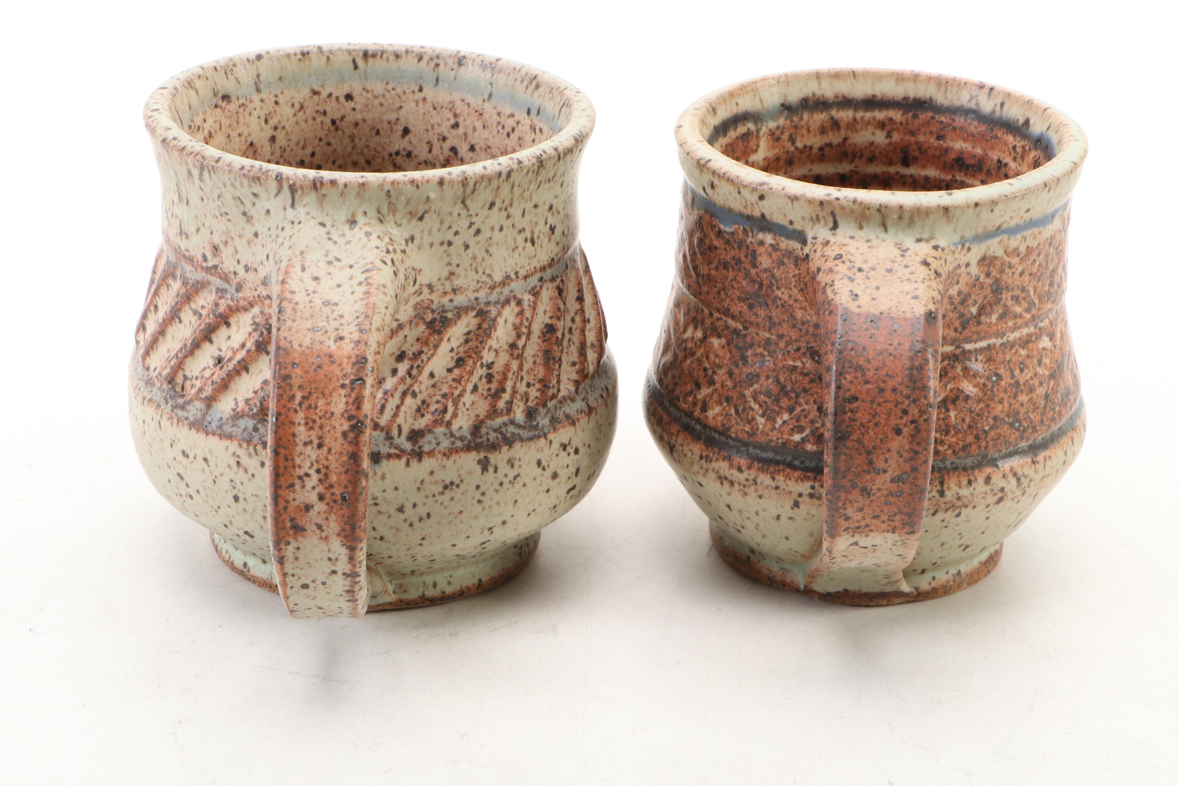 Dick Overman Art Pottery Stoneware Teapot with Wood Handle and Mugs