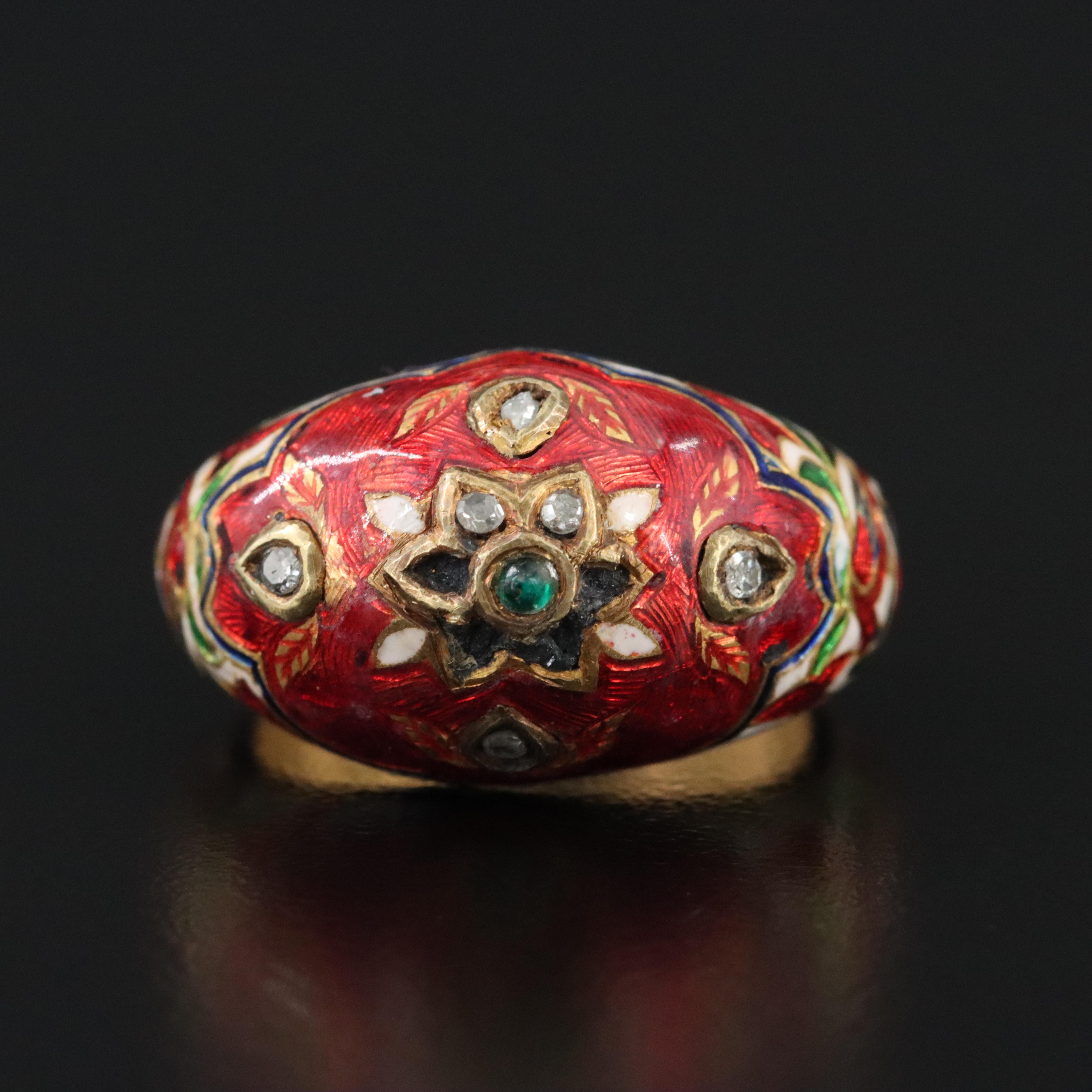 Indian Meenakari Diamond, Glass and Enamel Floral Ring