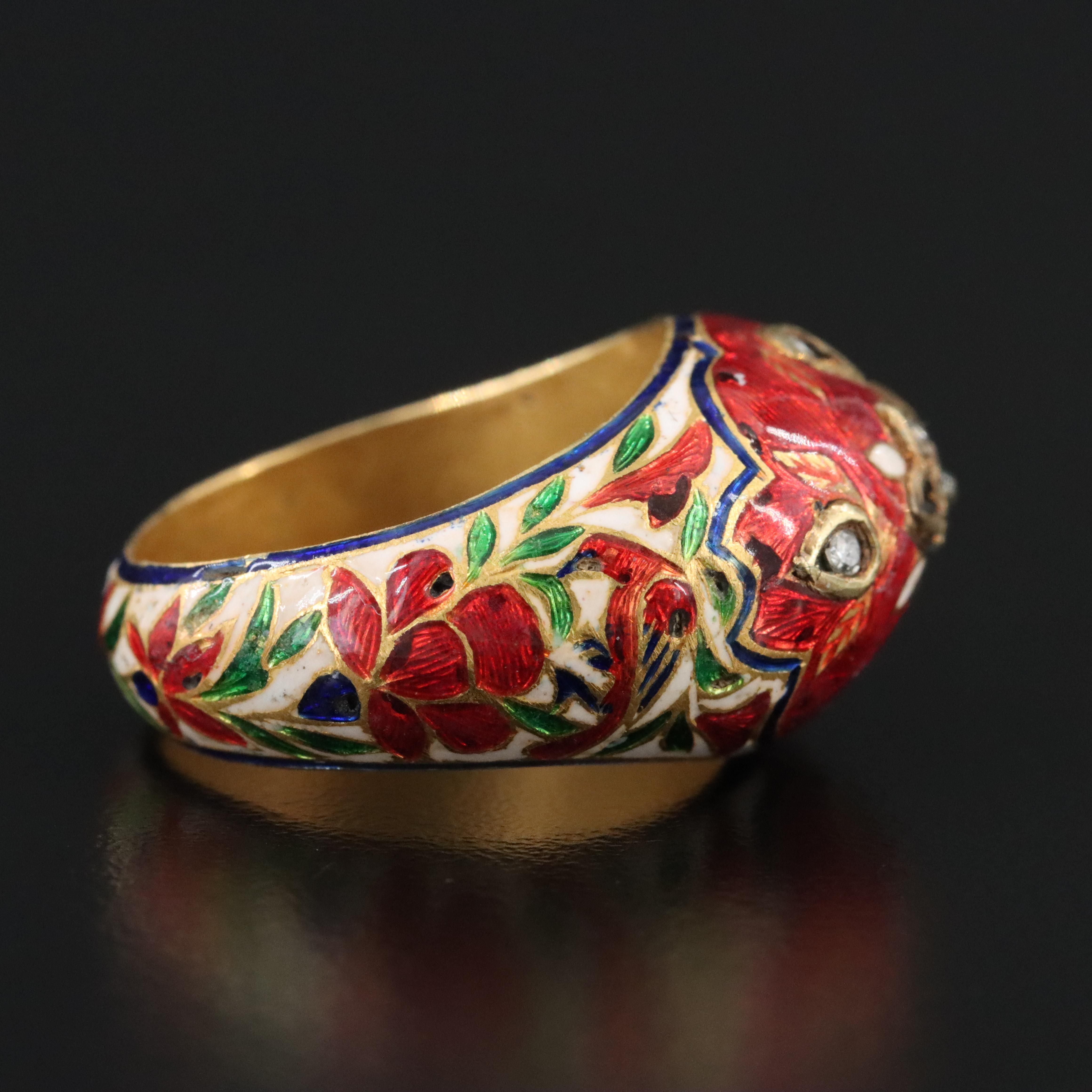 Indian Meenakari Diamond, Glass and Enamel Floral Ring