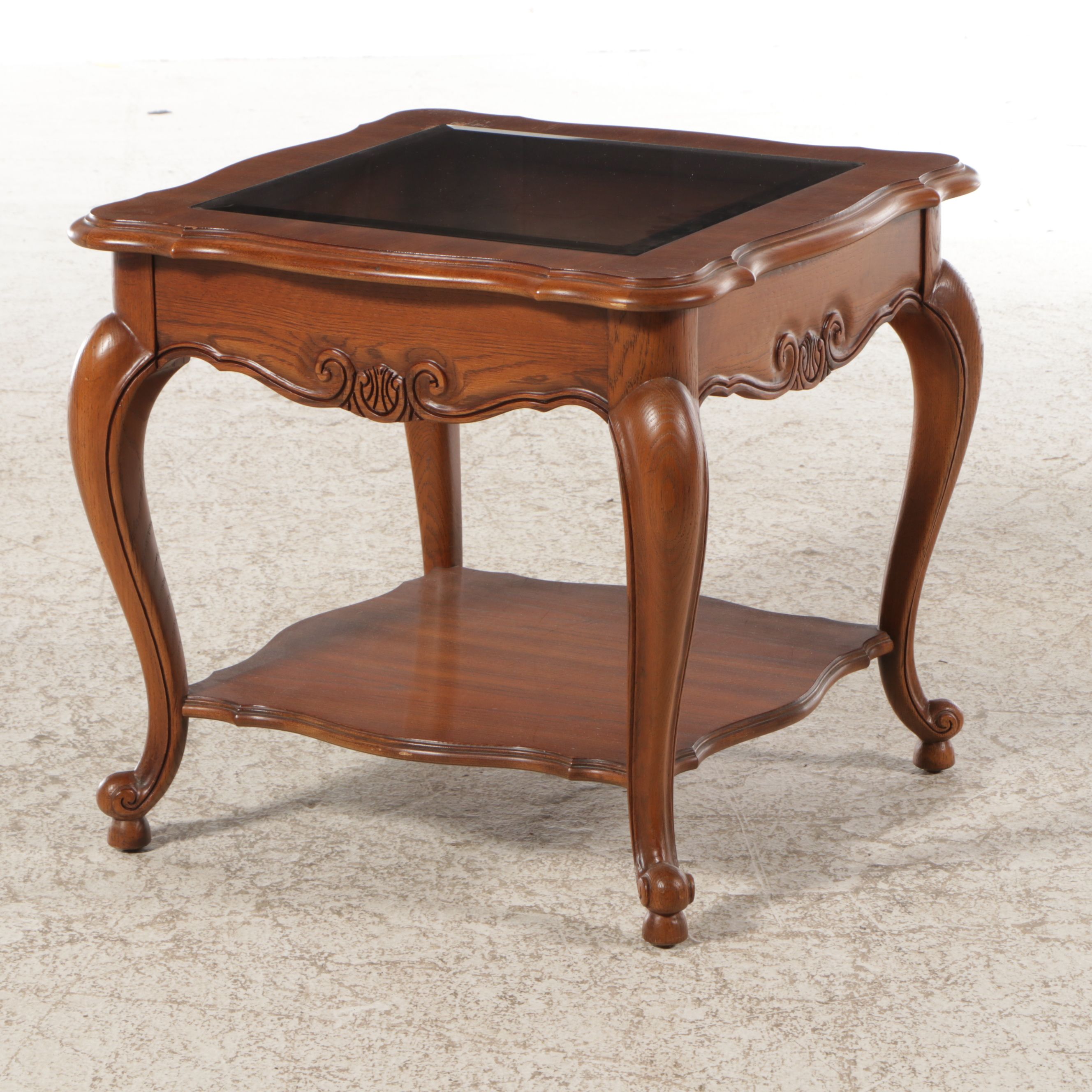 Pair of Oak End Tables with Smoke Glass Tops