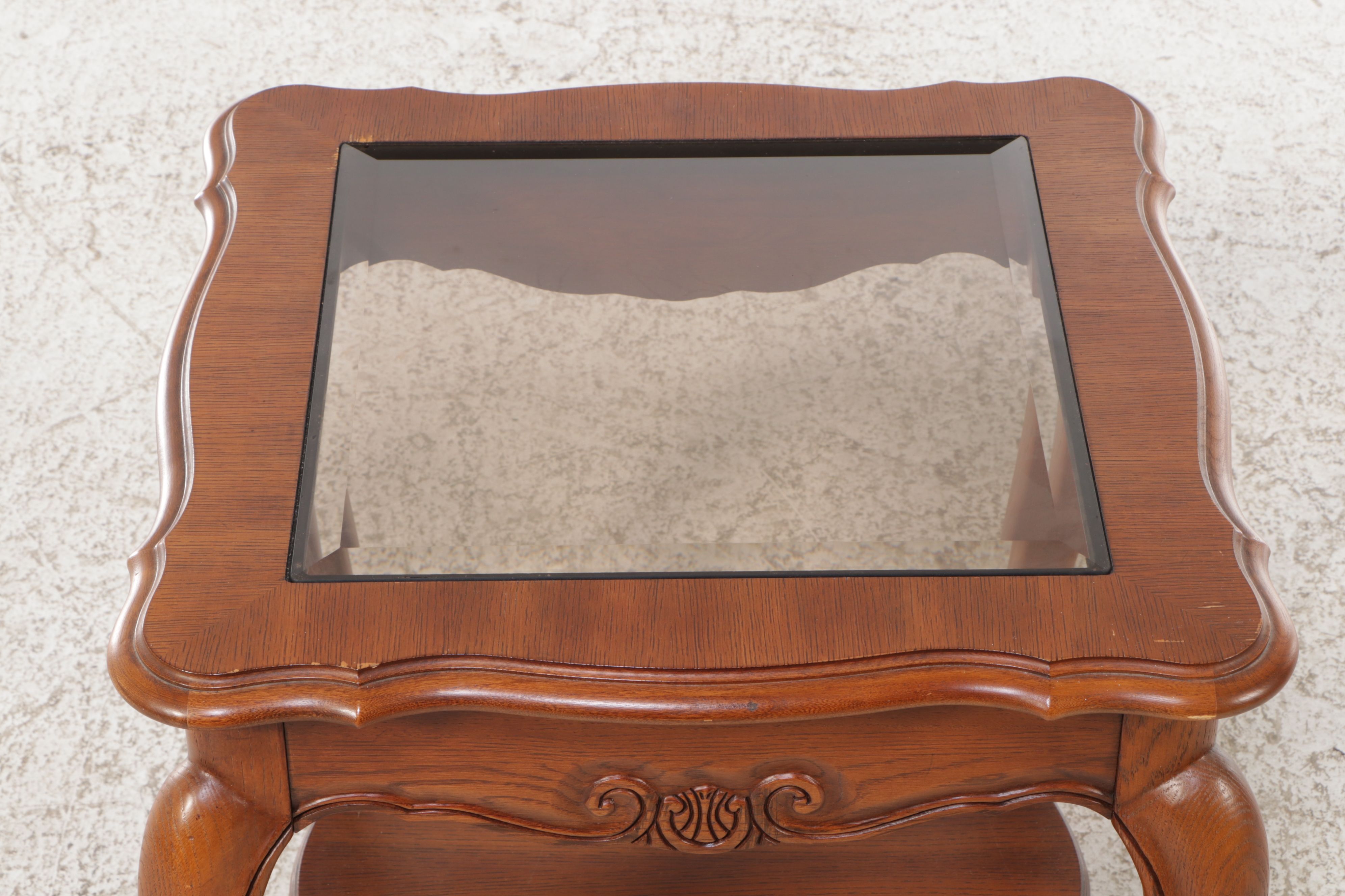 Pair of Oak End Tables with Smoke Glass Tops