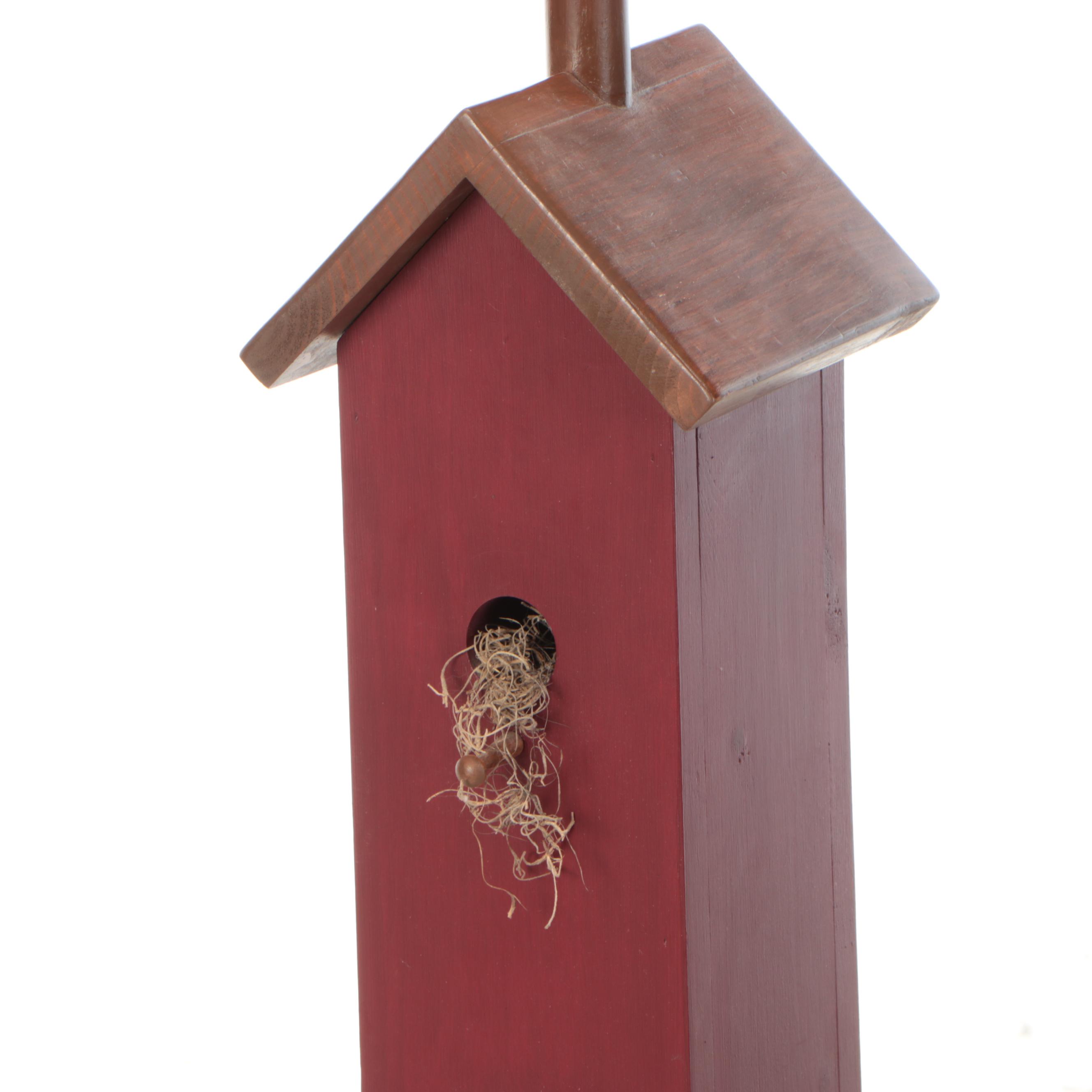 Primitive Style Folk Art Bird House Floor Lamp with Gingham Shade