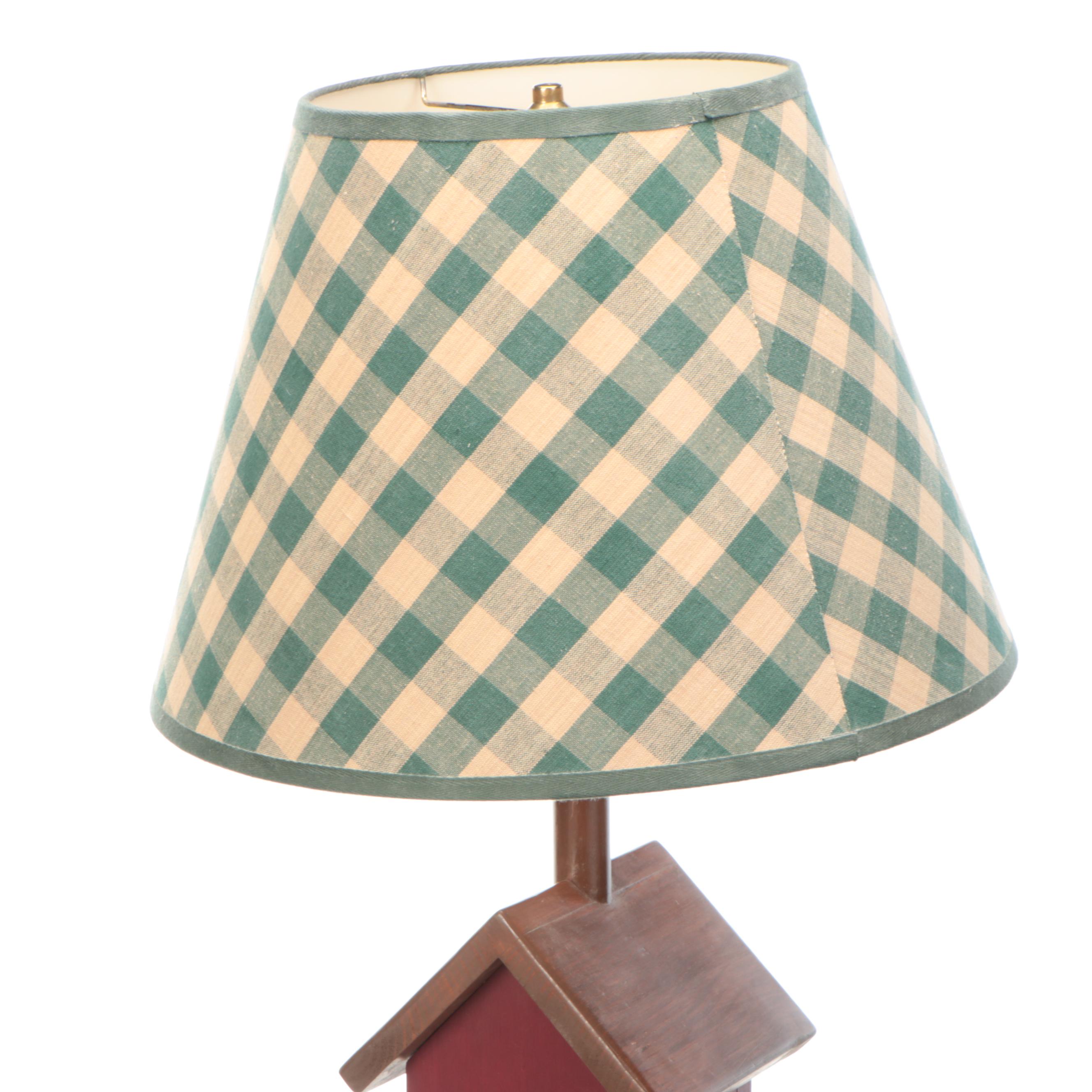 Primitive Style Folk Art Bird House Floor Lamp with Gingham Shade