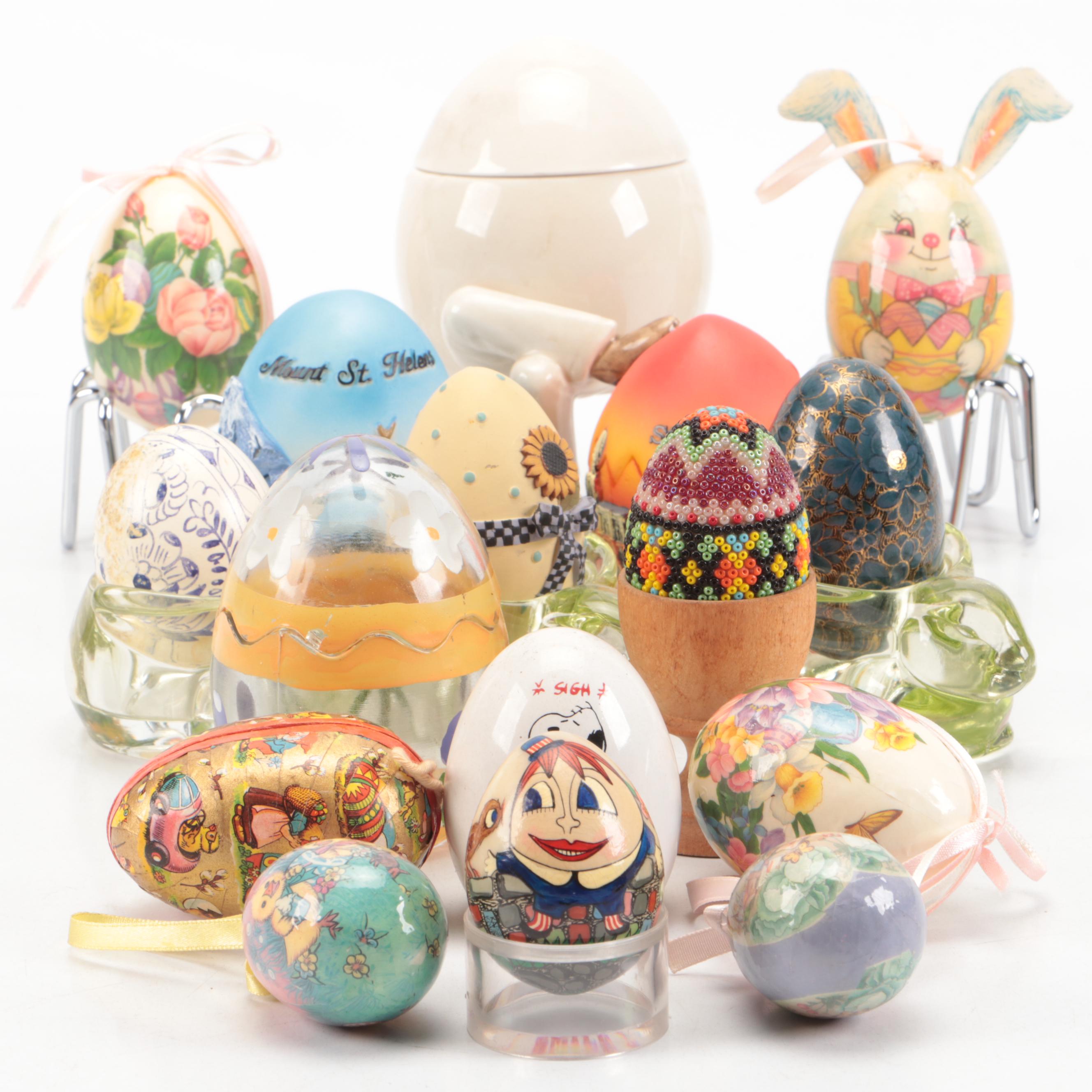 German Papier-Mâché Candy Container with Other Decorative Eggs and Egg Cups