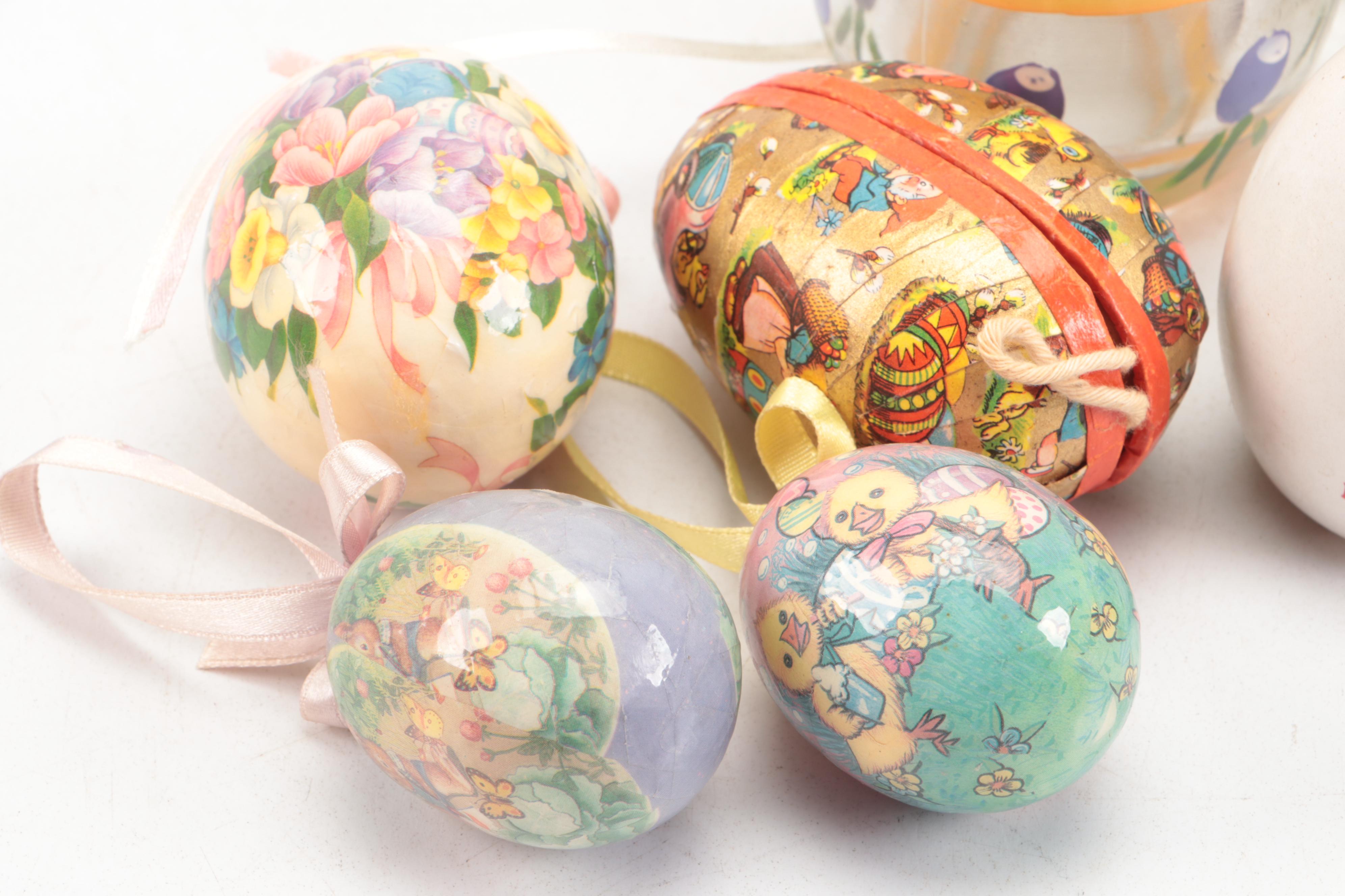 German Papier-Mâché Candy Container with Other Decorative Eggs and Egg Cups