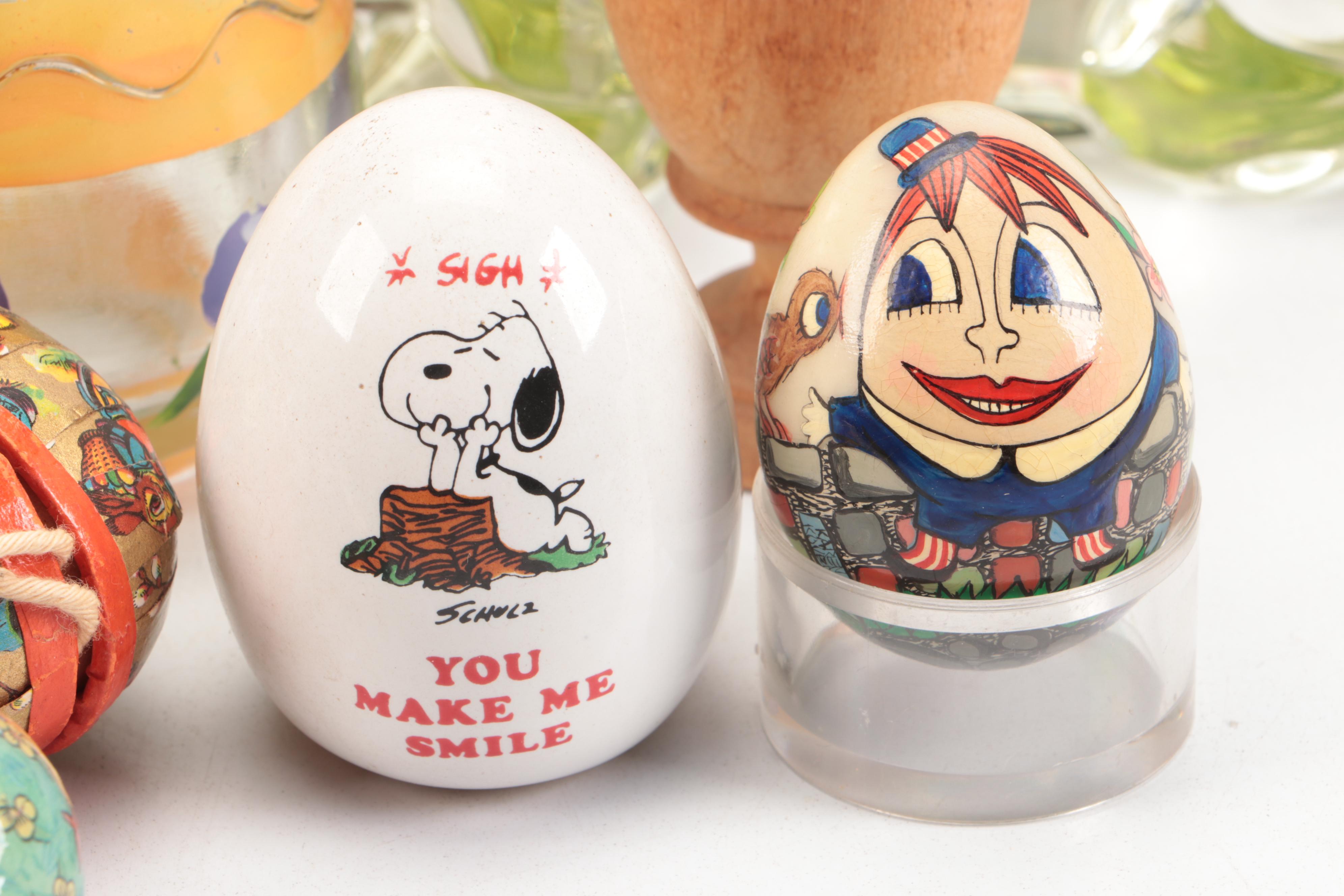 German Papier-Mâché Candy Container with Other Decorative Eggs and Egg Cups