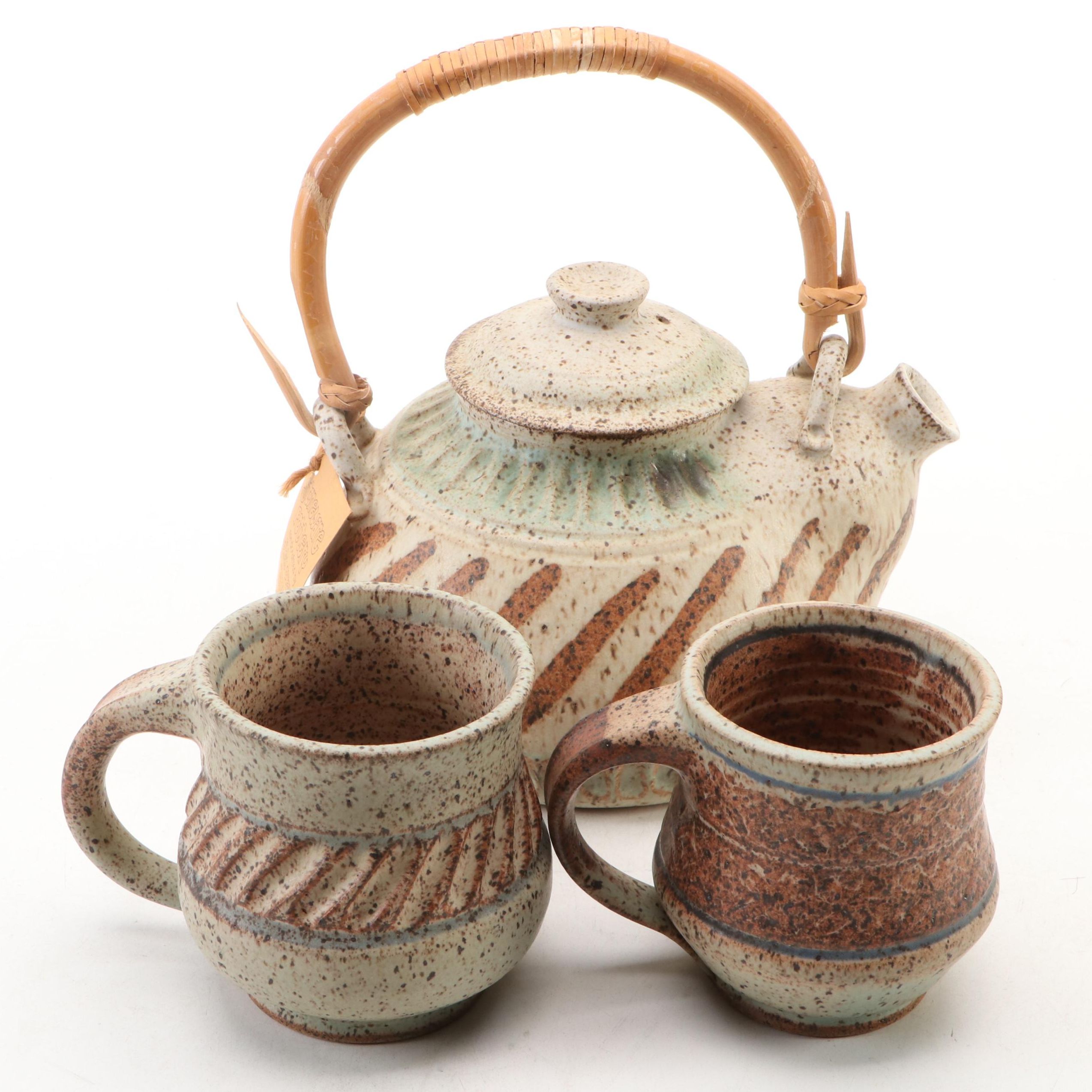 Dick Overman Art Pottery Stoneware Teapot with Wood Handle and Mugs