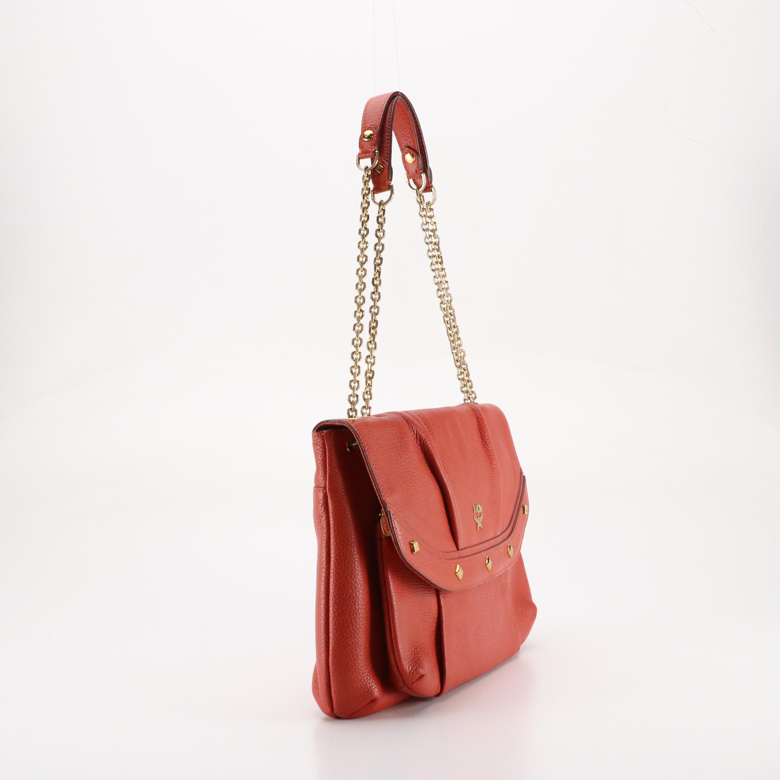 MCM Chain Strap Shoulder Bag in Vermilion Grained Leather with Stud Accents