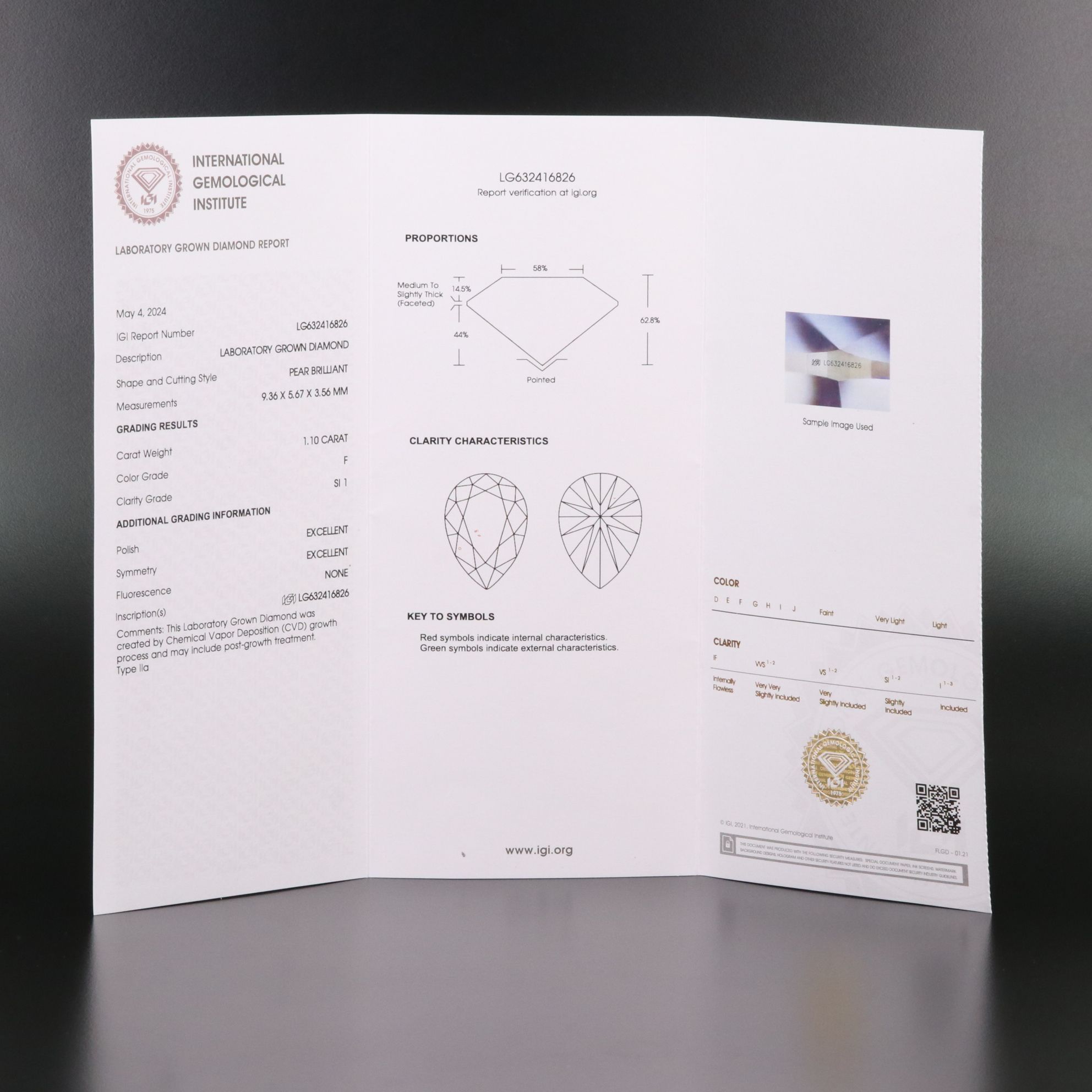 Loose 1.10 CT Lab Grown Diamond with IGI Report