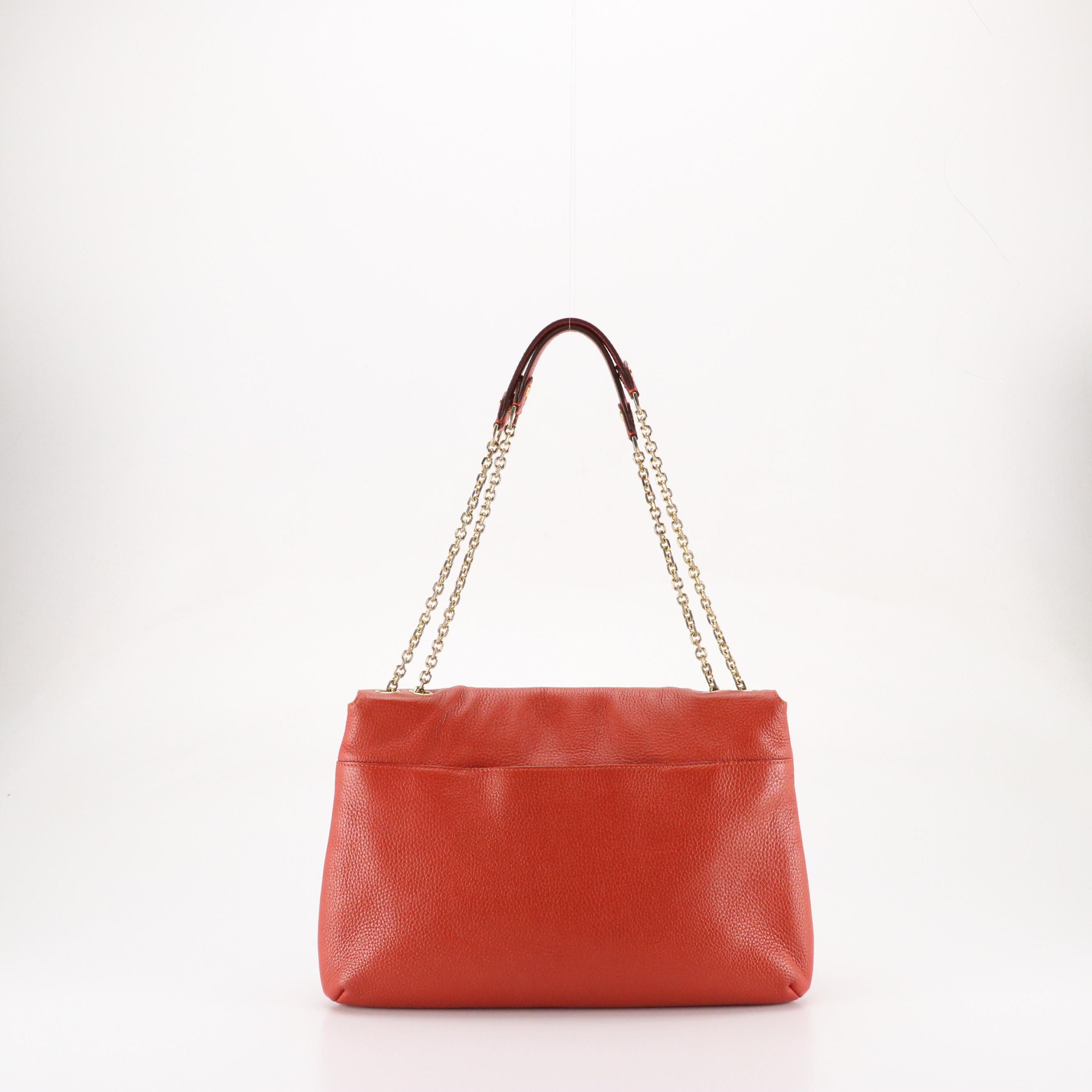 MCM Chain Strap Shoulder Bag in Vermilion Grained Leather with Stud Accents