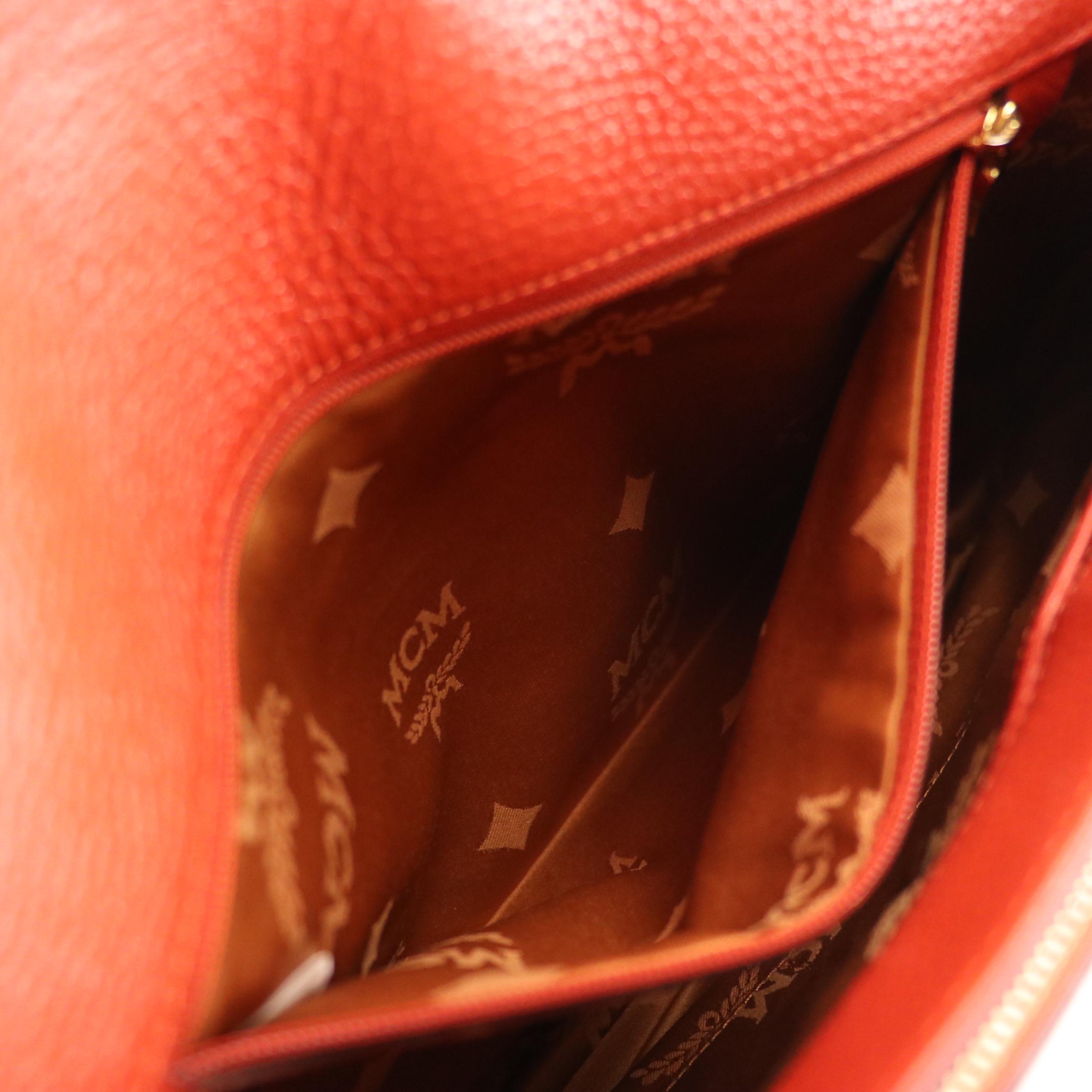 MCM Chain Strap Shoulder Bag in Vermilion Grained Leather with Stud Accents