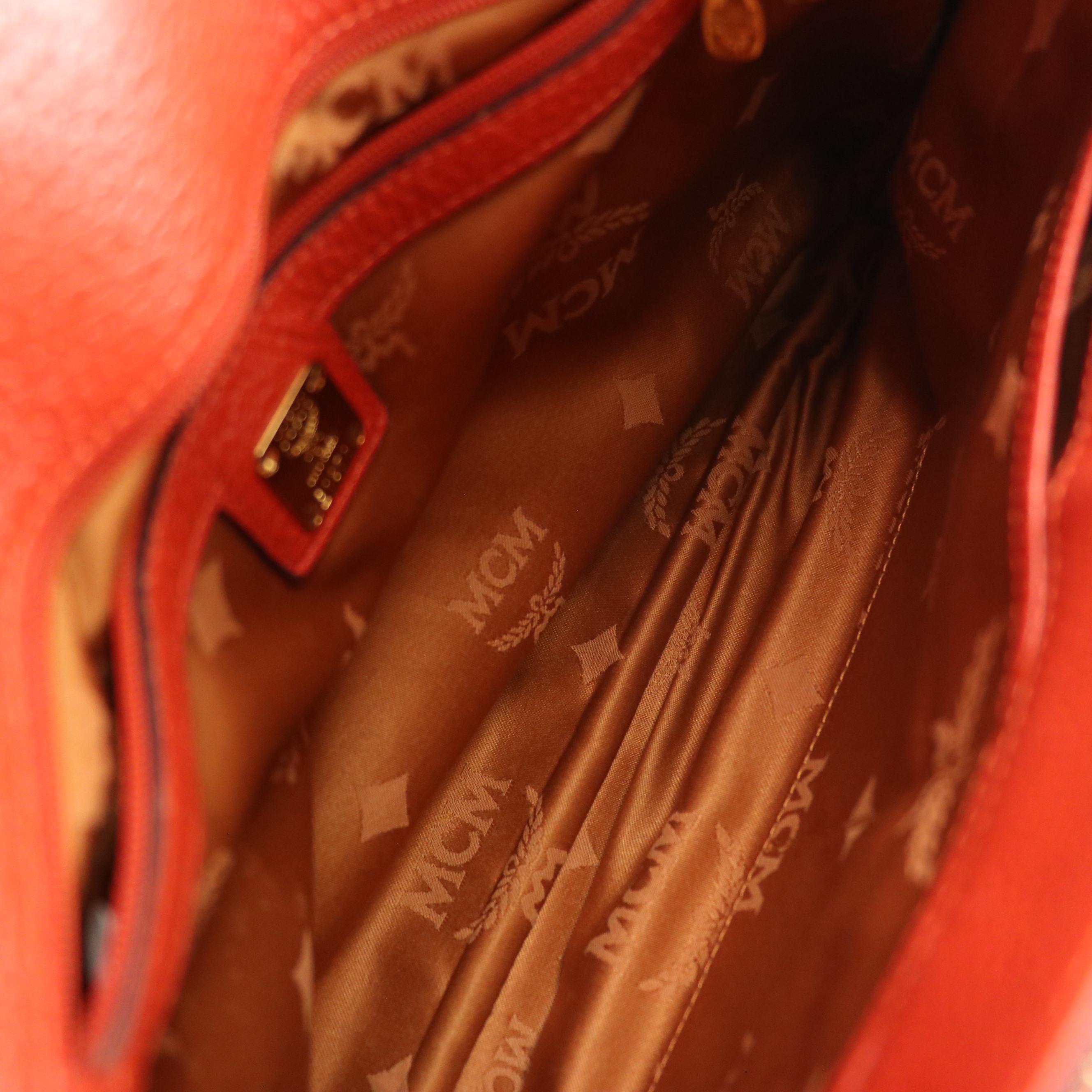 MCM Chain Strap Shoulder Bag in Vermilion Grained Leather with Stud Accents