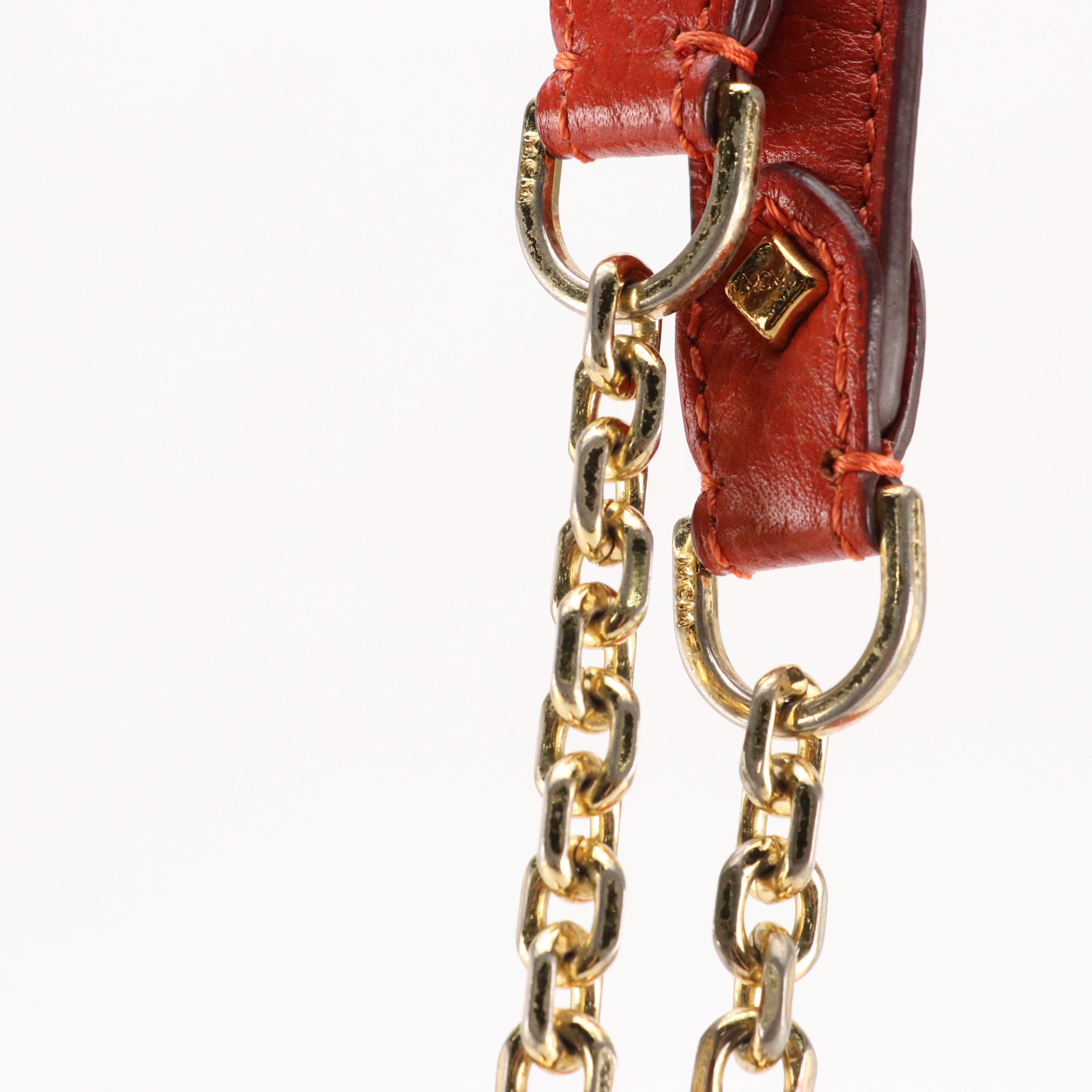 MCM Chain Strap Shoulder Bag in Vermilion Grained Leather with Stud Accents