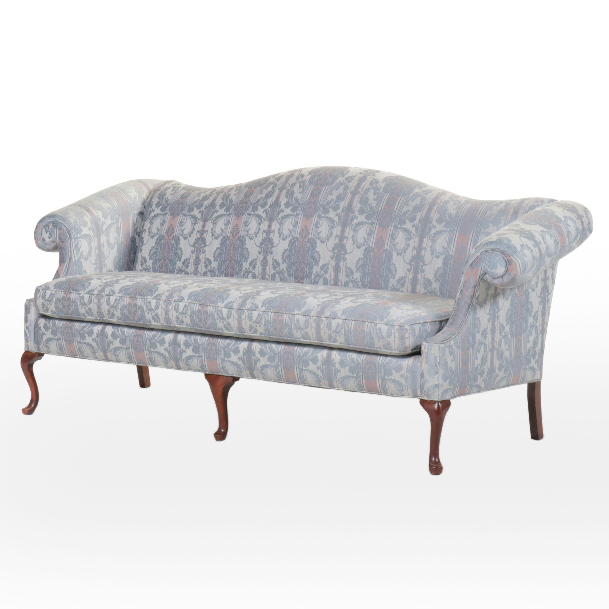 Queen Anne Style Fabric Upholstered Mahogany Camelback Sofa, Late 20th Century