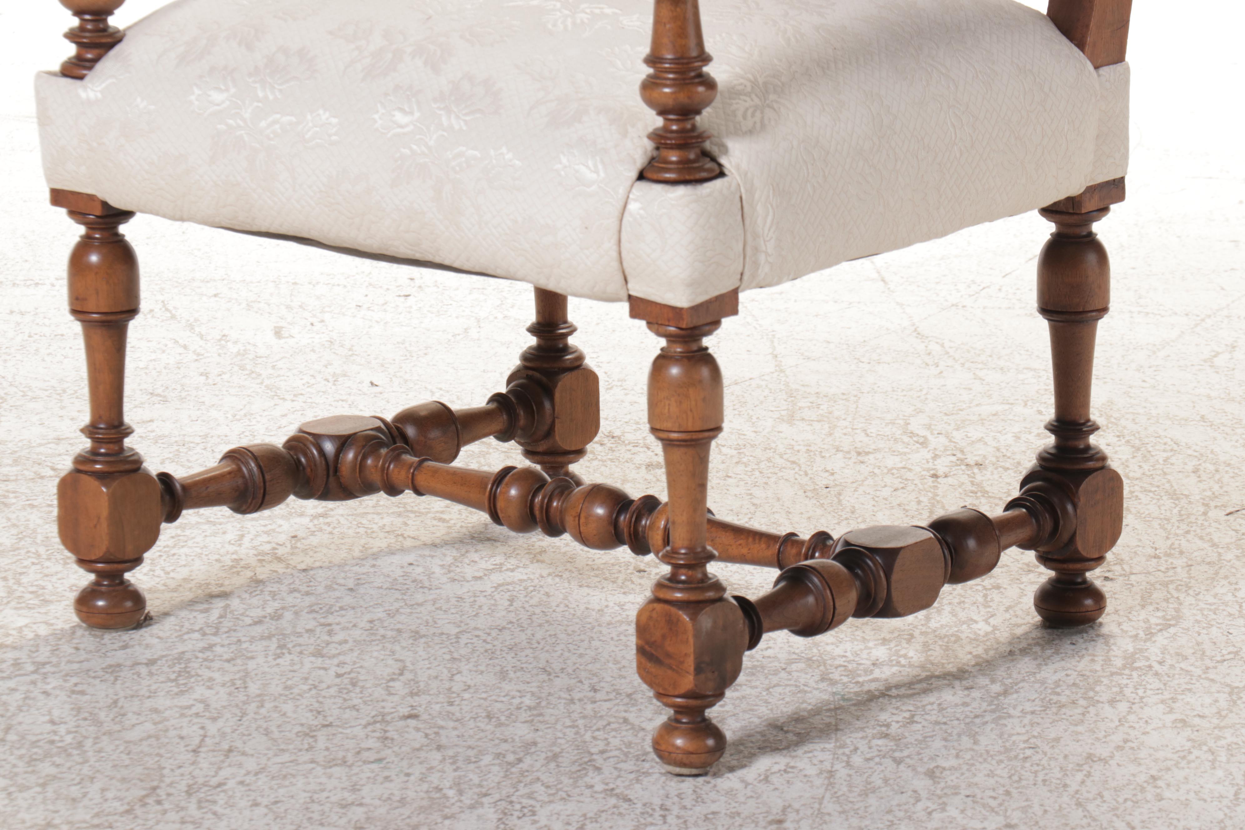 Jacobean Style Fabric Upholstered Carved Wood Armchair, 20th Century