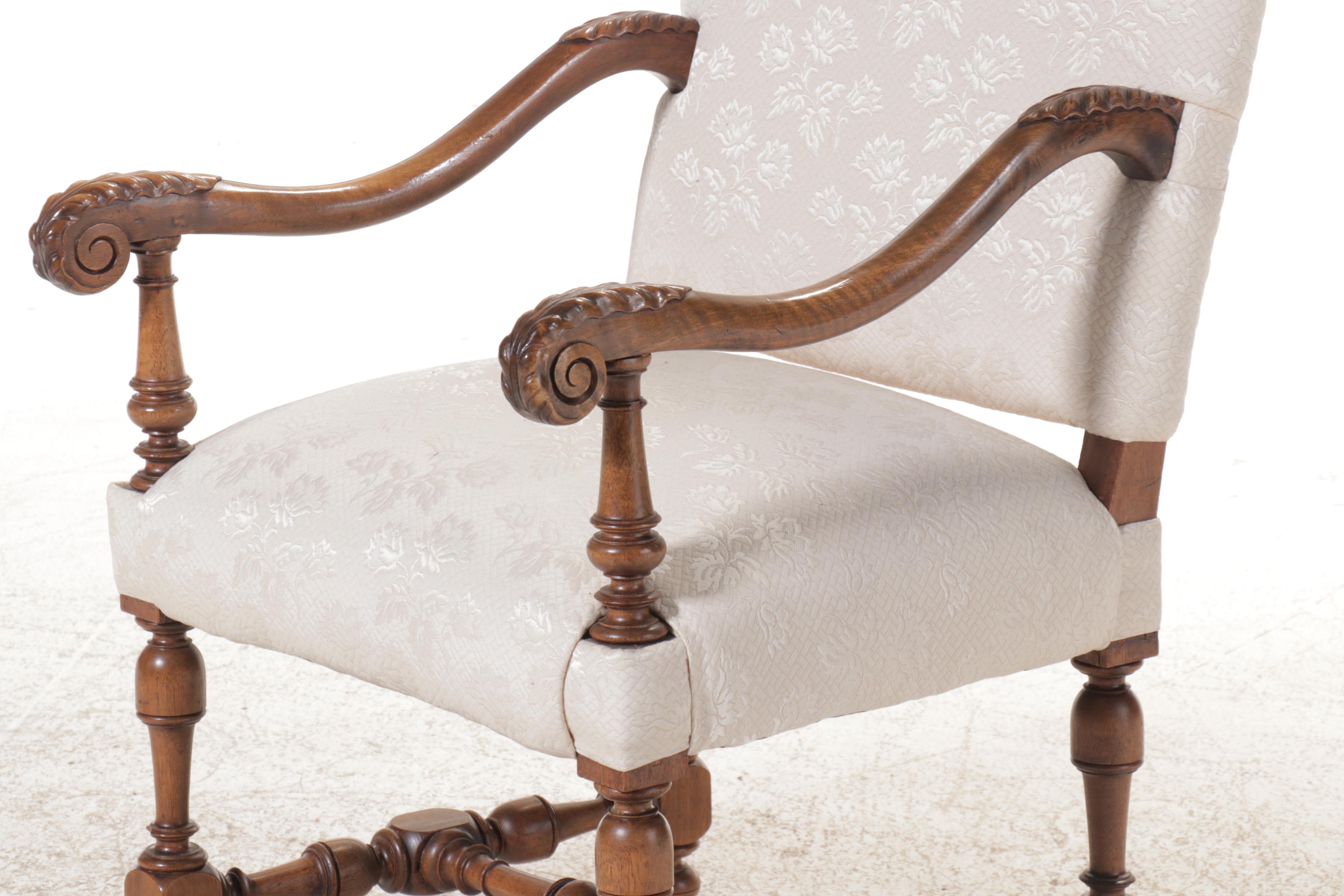 Jacobean Style Fabric Upholstered Carved Wood Armchair, 20th Century