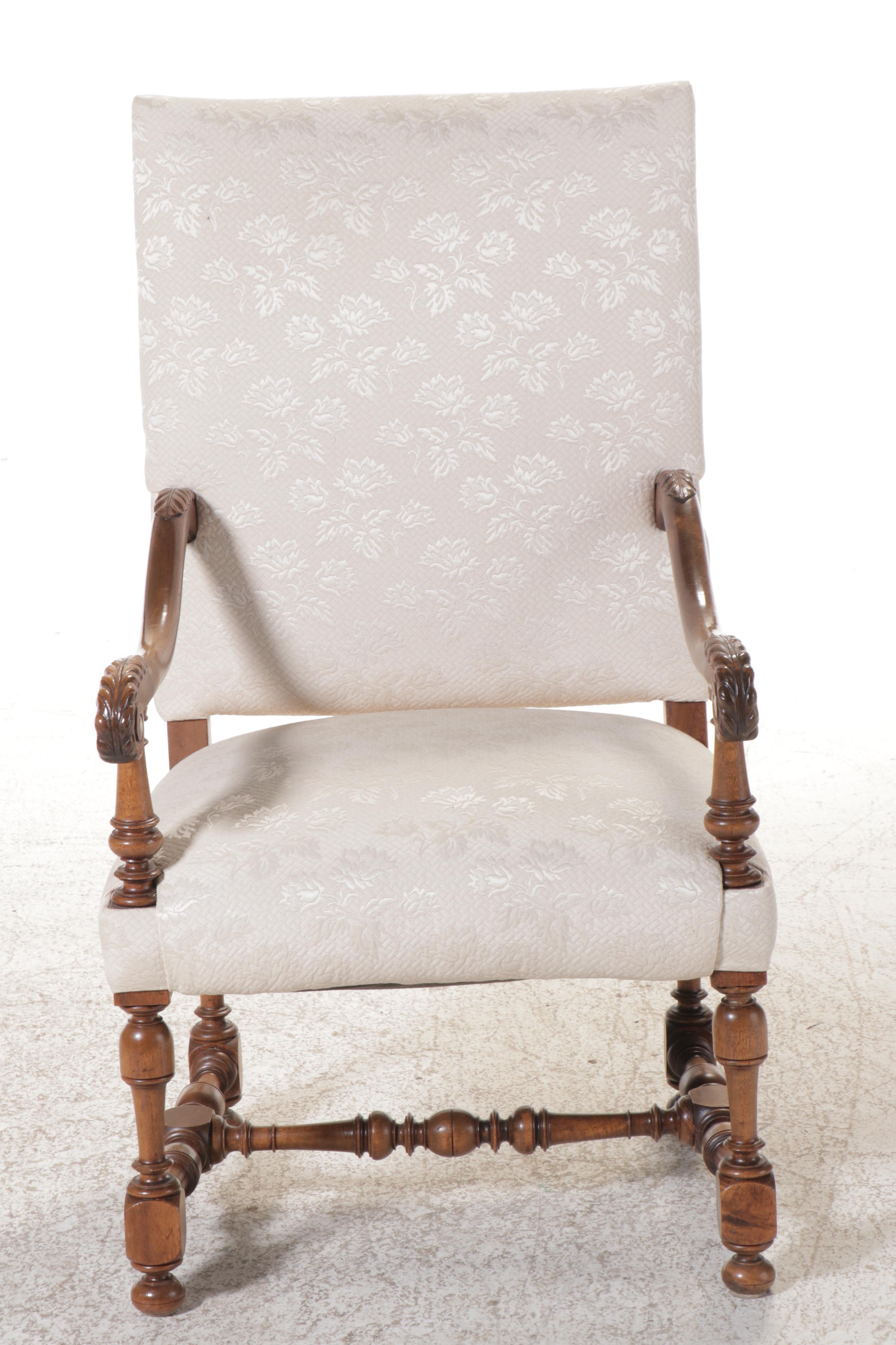 Jacobean Style Fabric Upholstered Carved Wood Armchair, 20th Century