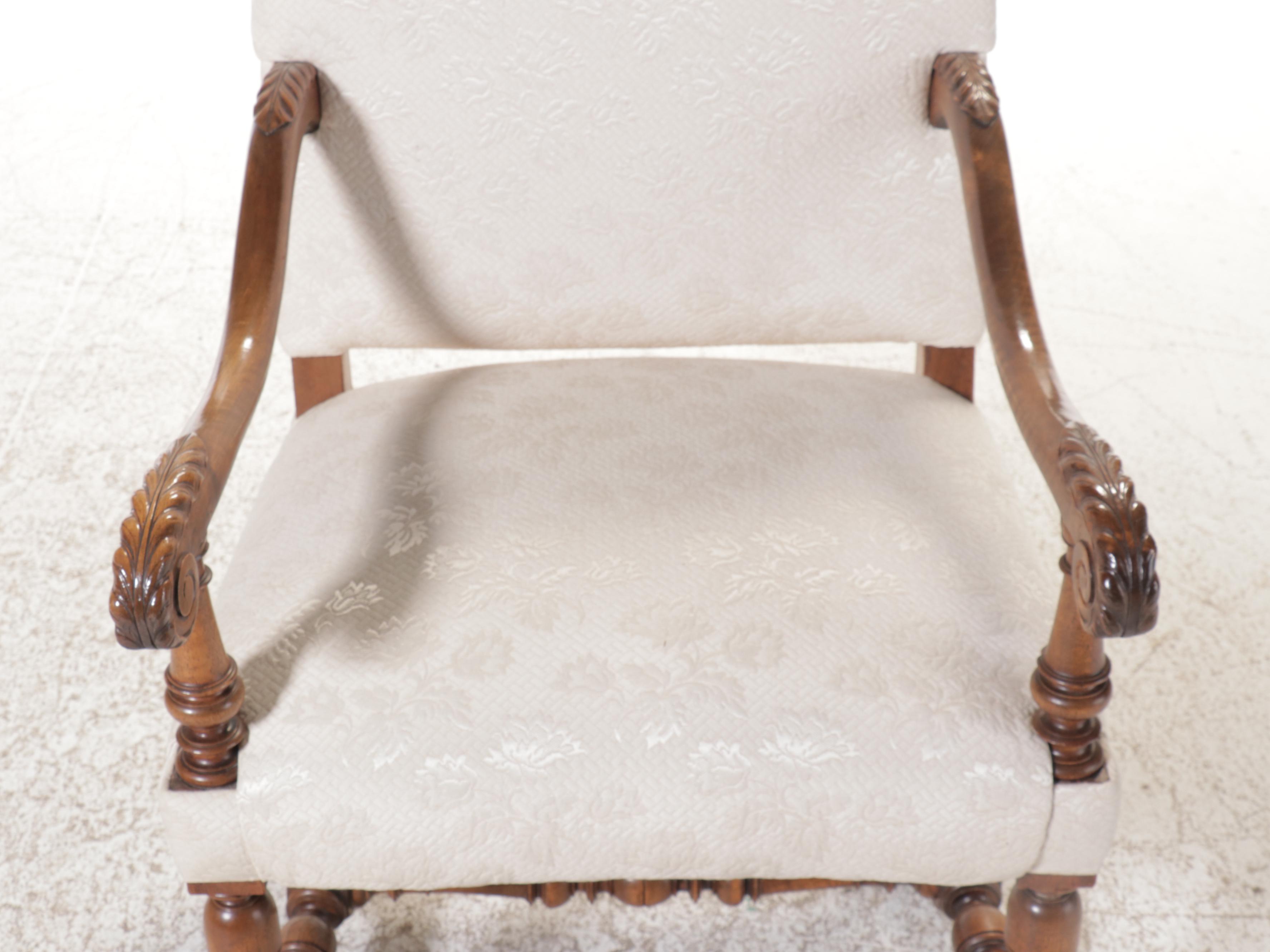 Jacobean Style Fabric Upholstered Carved Wood Armchair, 20th Century