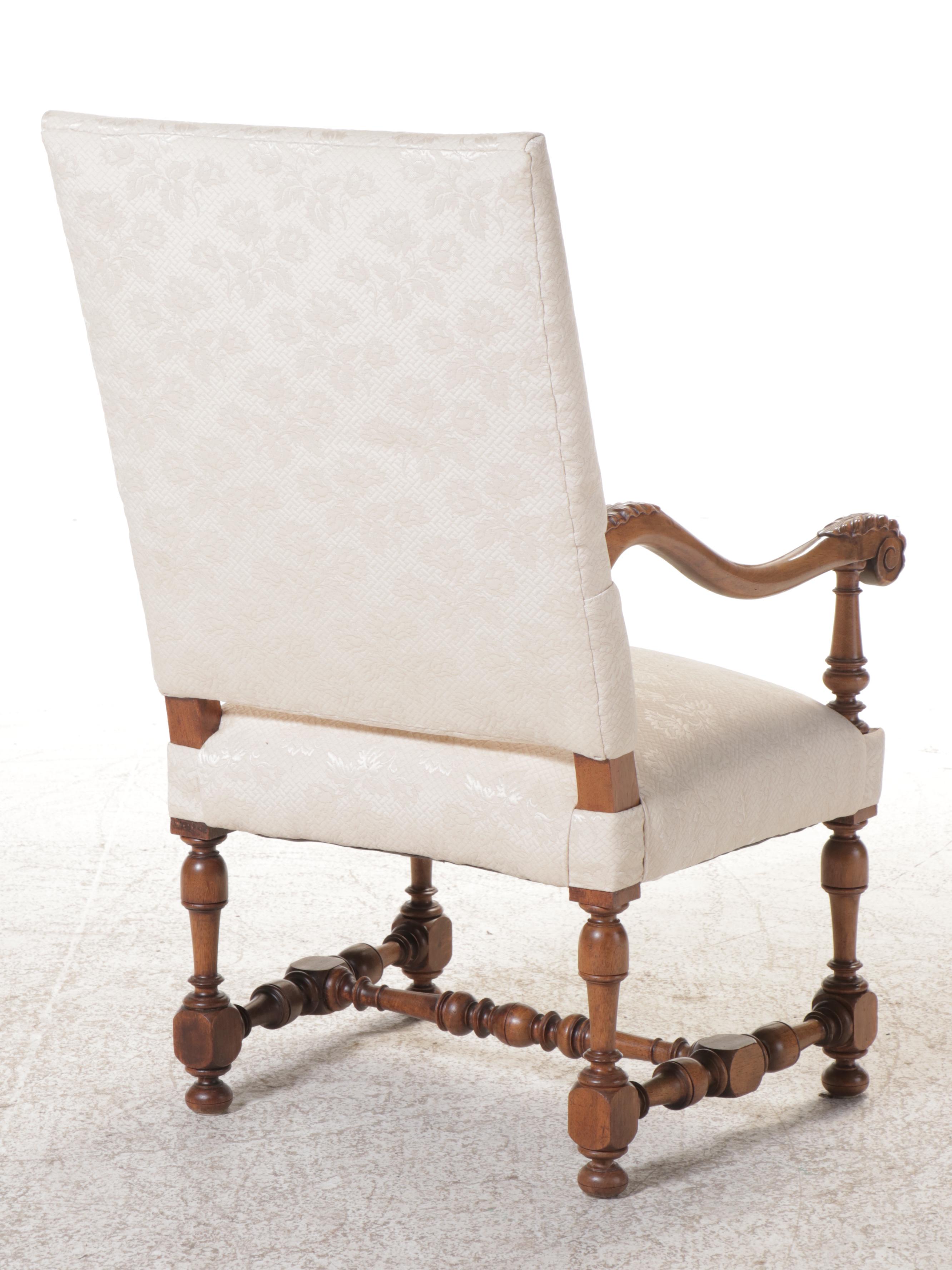 Jacobean Style Fabric Upholstered Carved Wood Armchair, 20th Century
