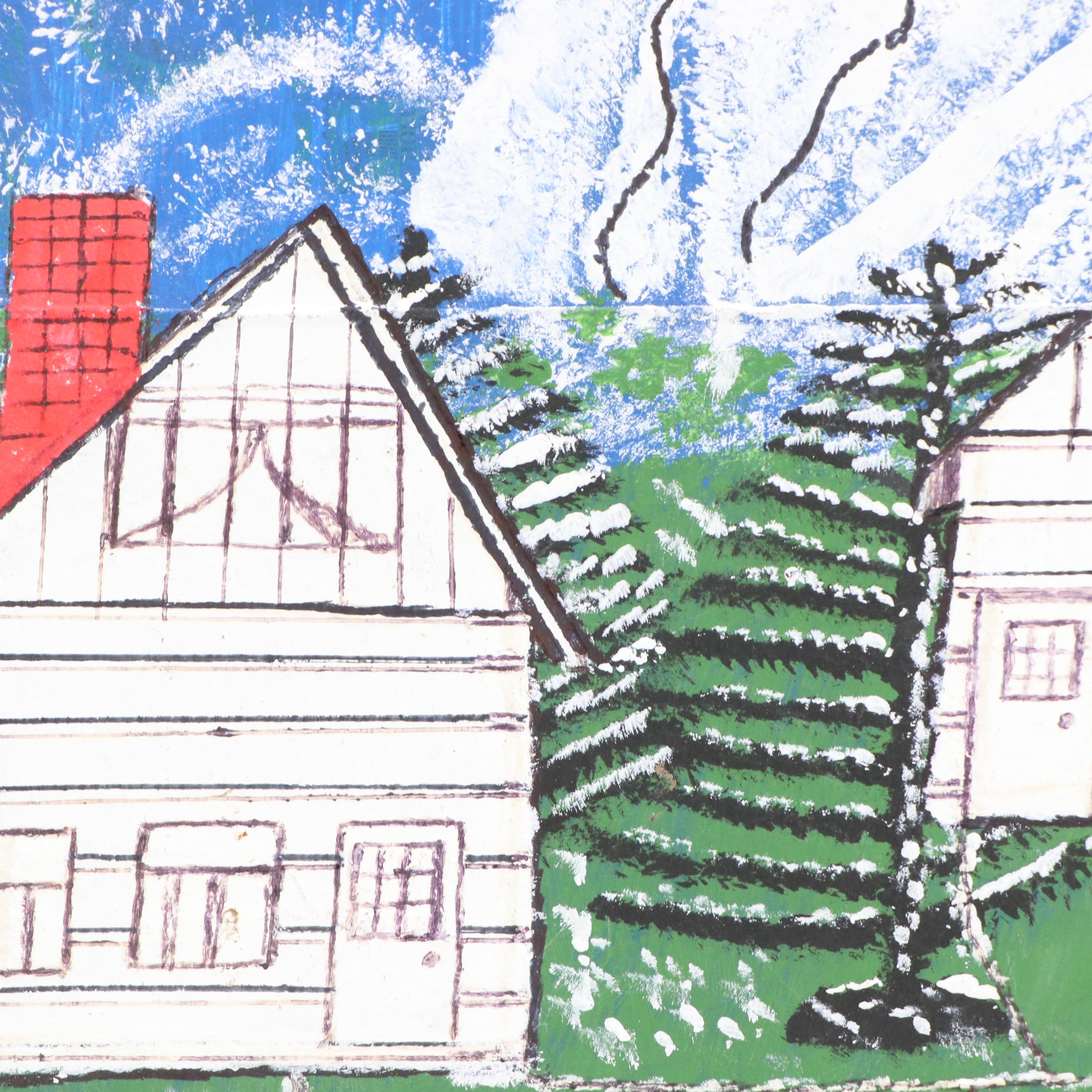 Naive Style Double-Sided Oil Painting of Houses, Mid-Late 20th Century