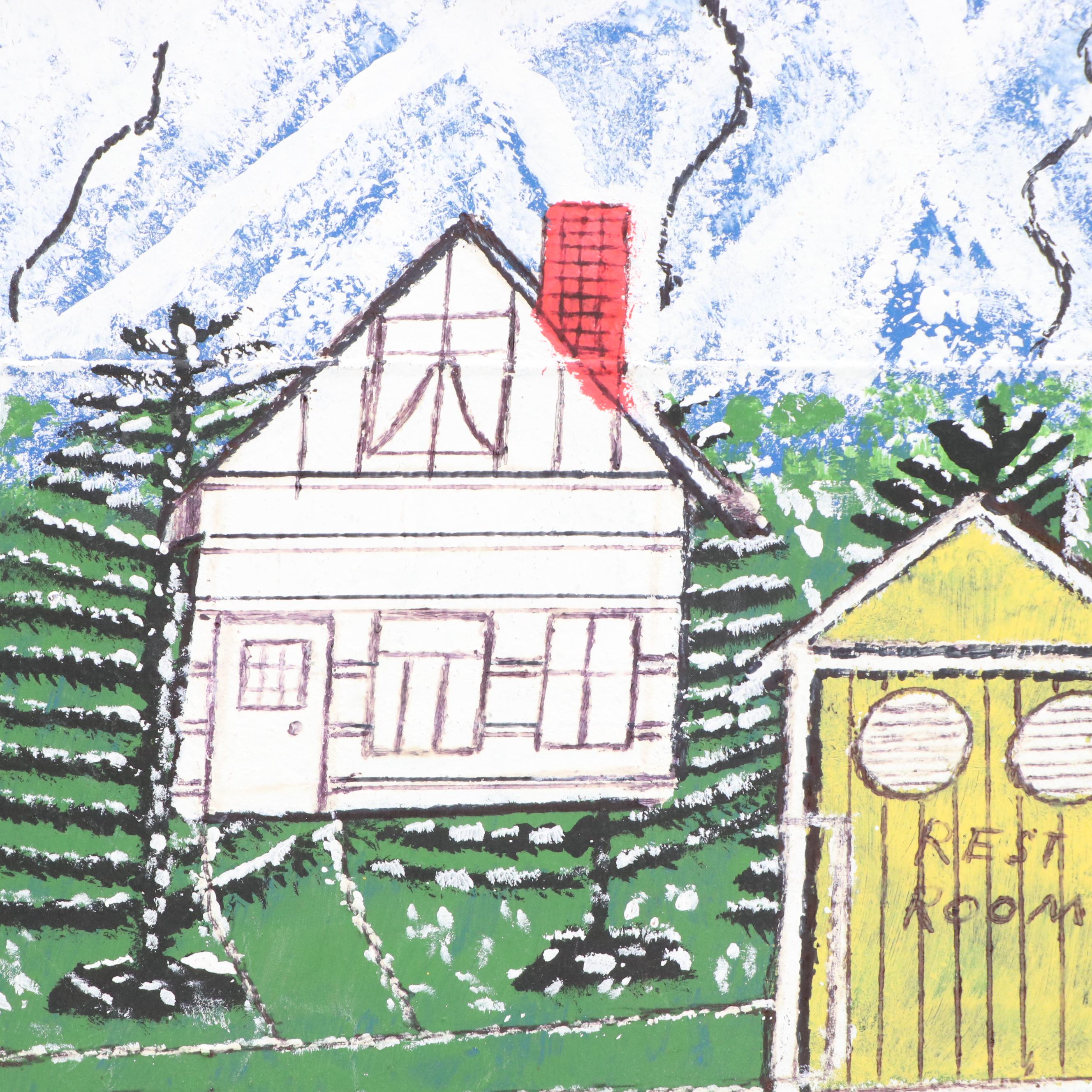 Naive Style Double-Sided Oil Painting of Houses, Mid-Late 20th Century