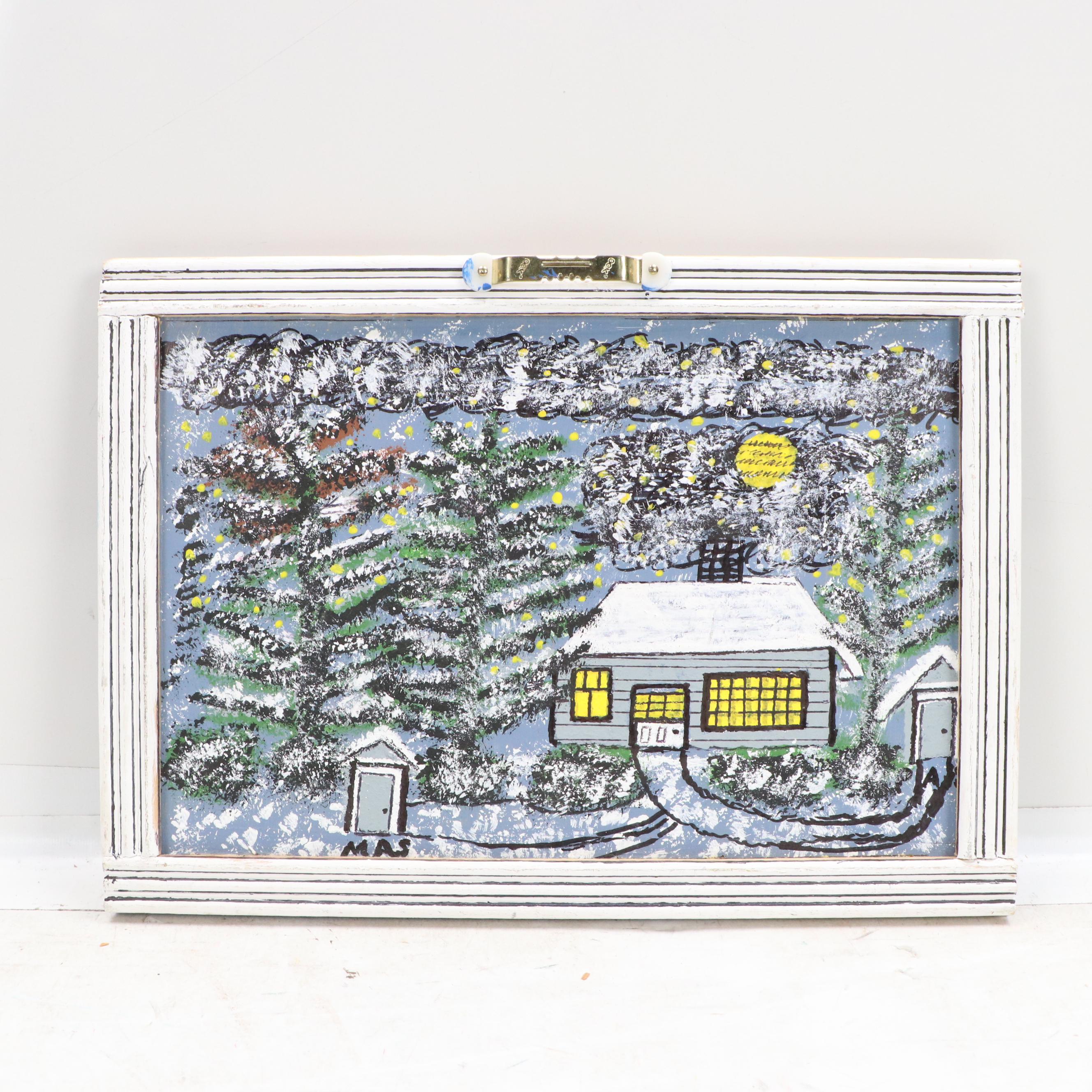 Naive Style Double-Sided Oil Painting of Houses, Mid-Late 20th Century