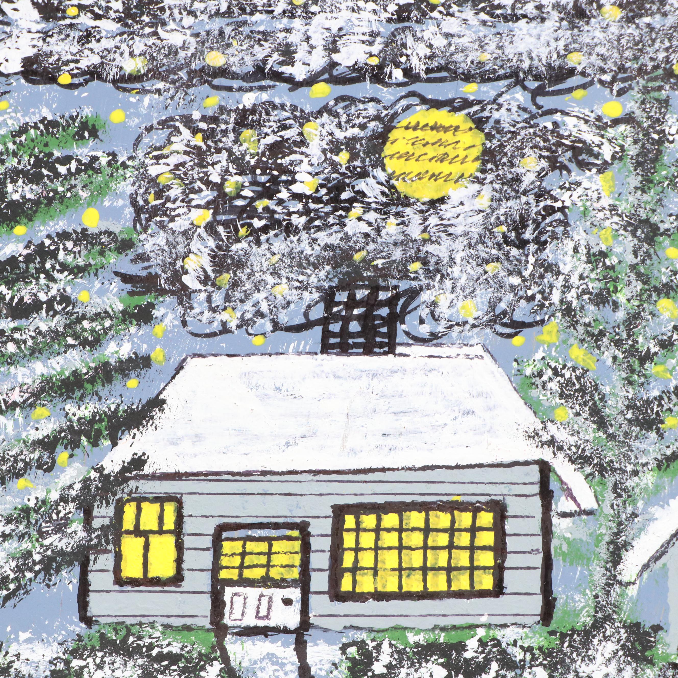 Naive Style Double-Sided Oil Painting of Houses, Mid-Late 20th Century