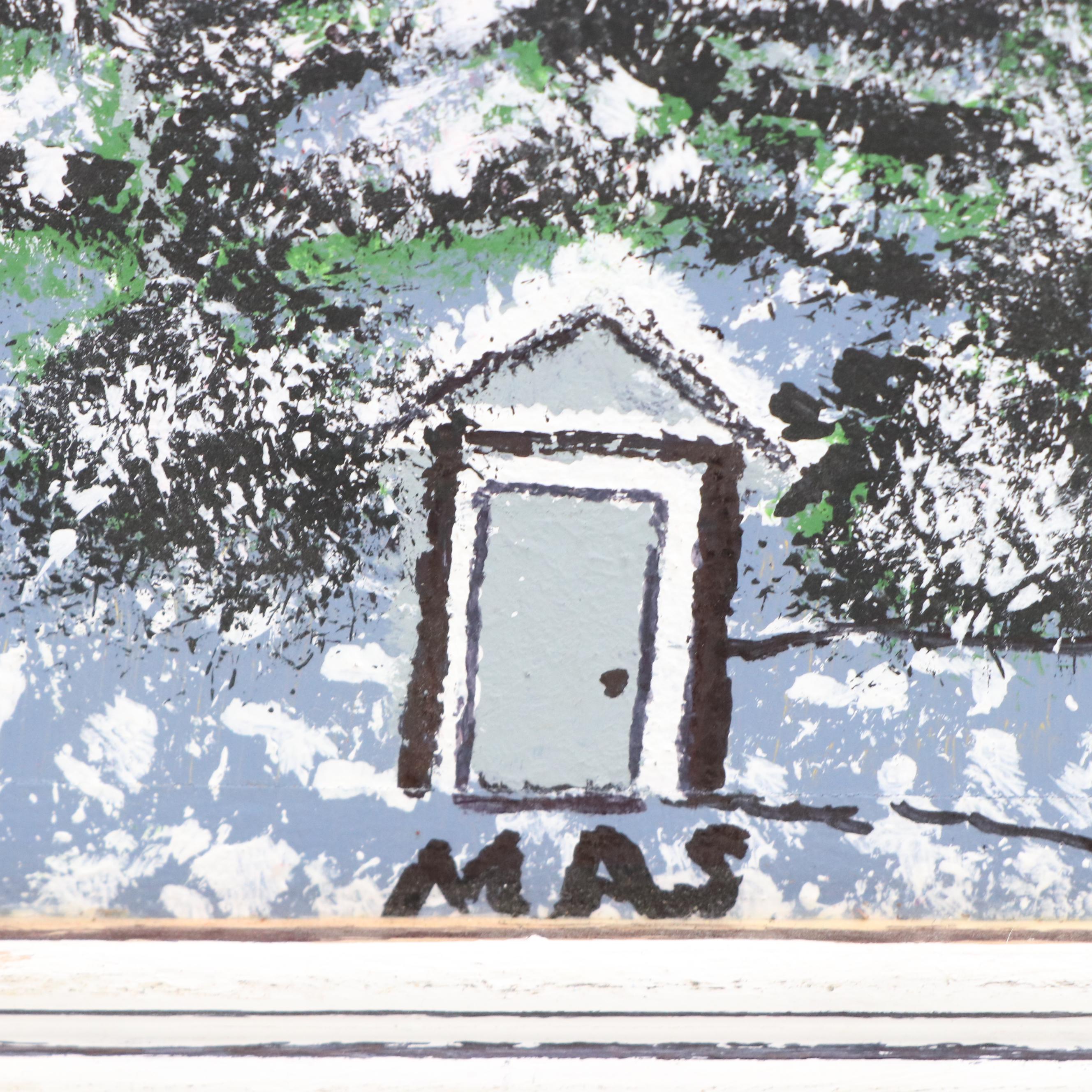 Naive Style Double-Sided Oil Painting of Houses, Mid-Late 20th Century