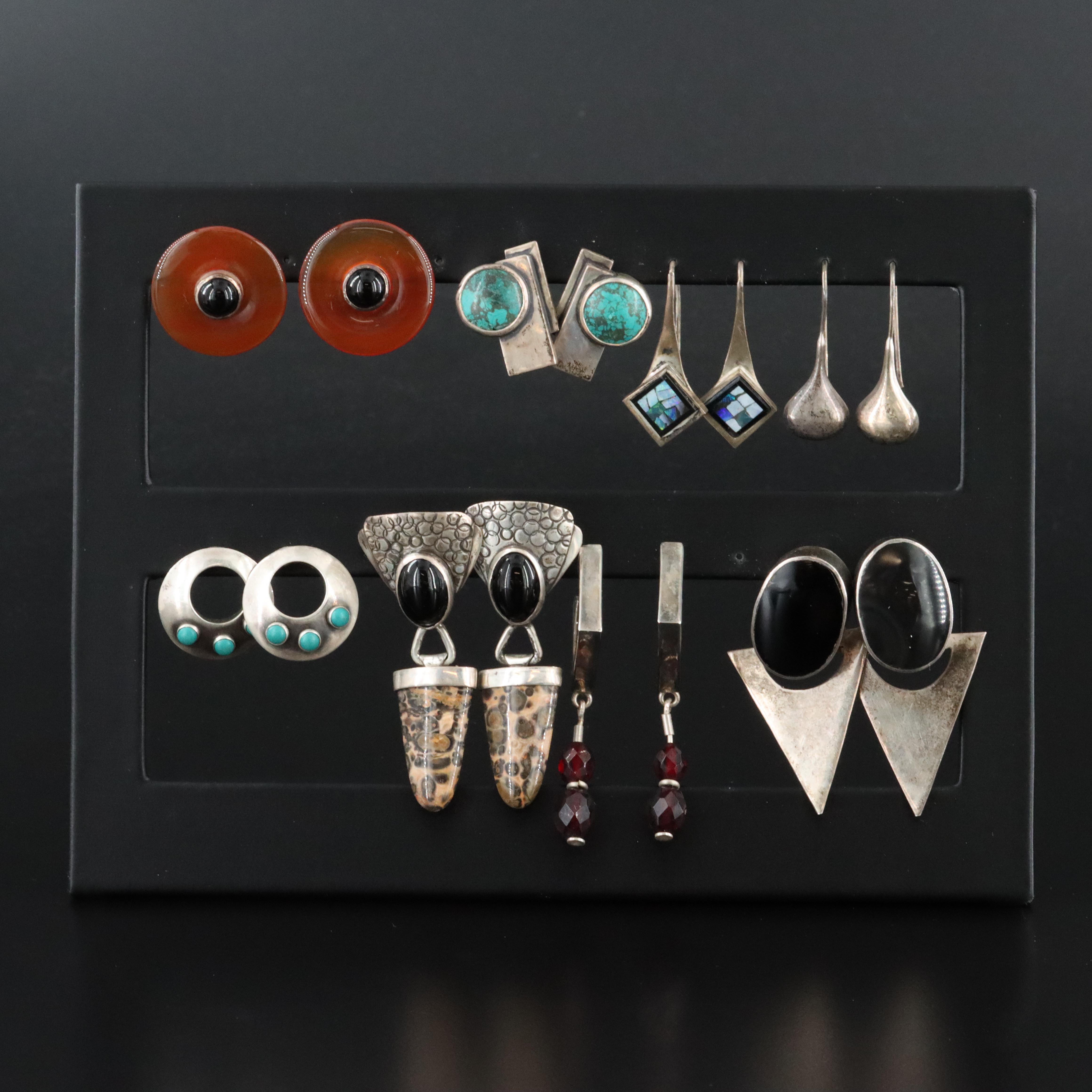 Collection of Studio Style Sterling Gemstone Earrings ft. Modernist James Frappe