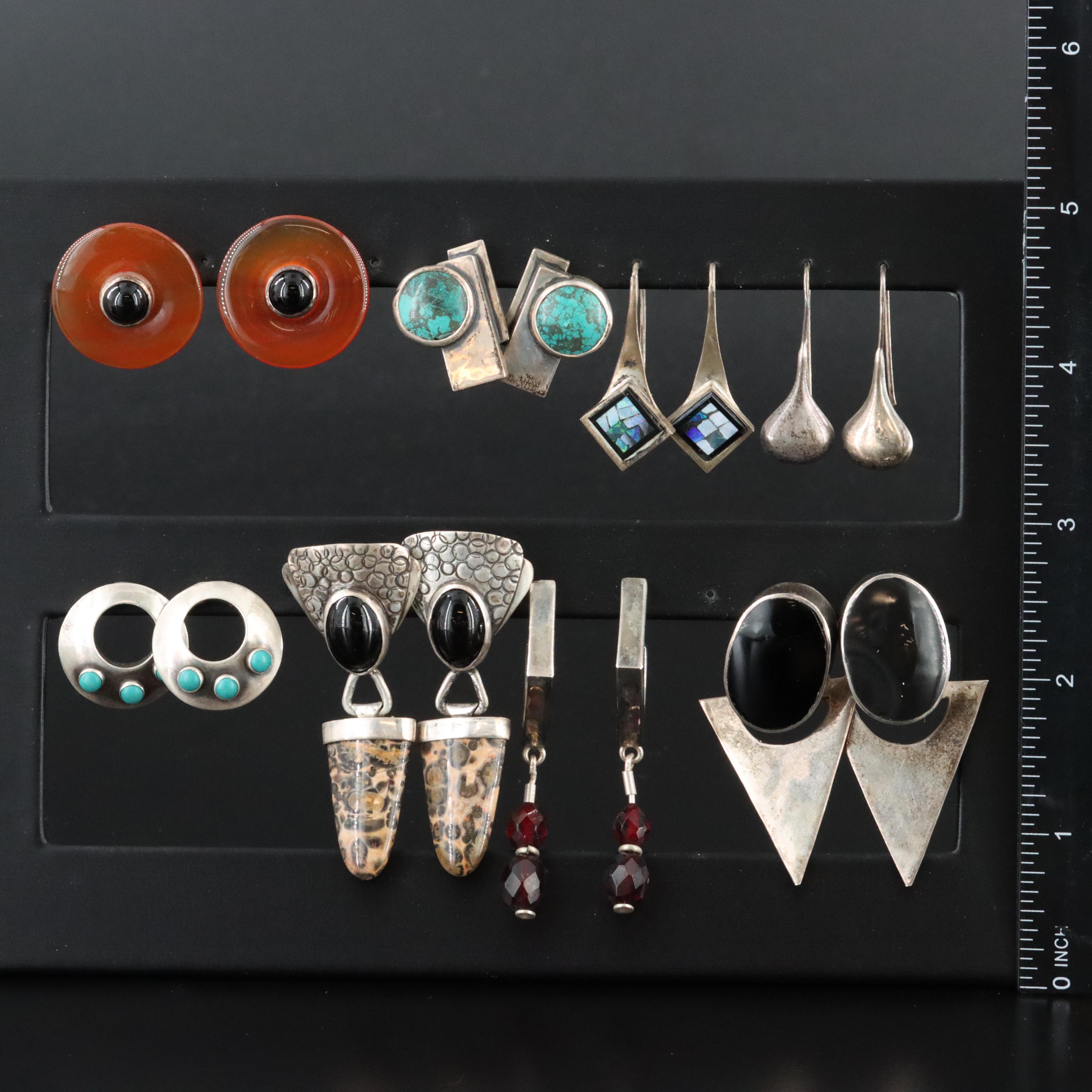 Collection of Studio Style Sterling Gemstone Earrings ft. Modernist James Frappe