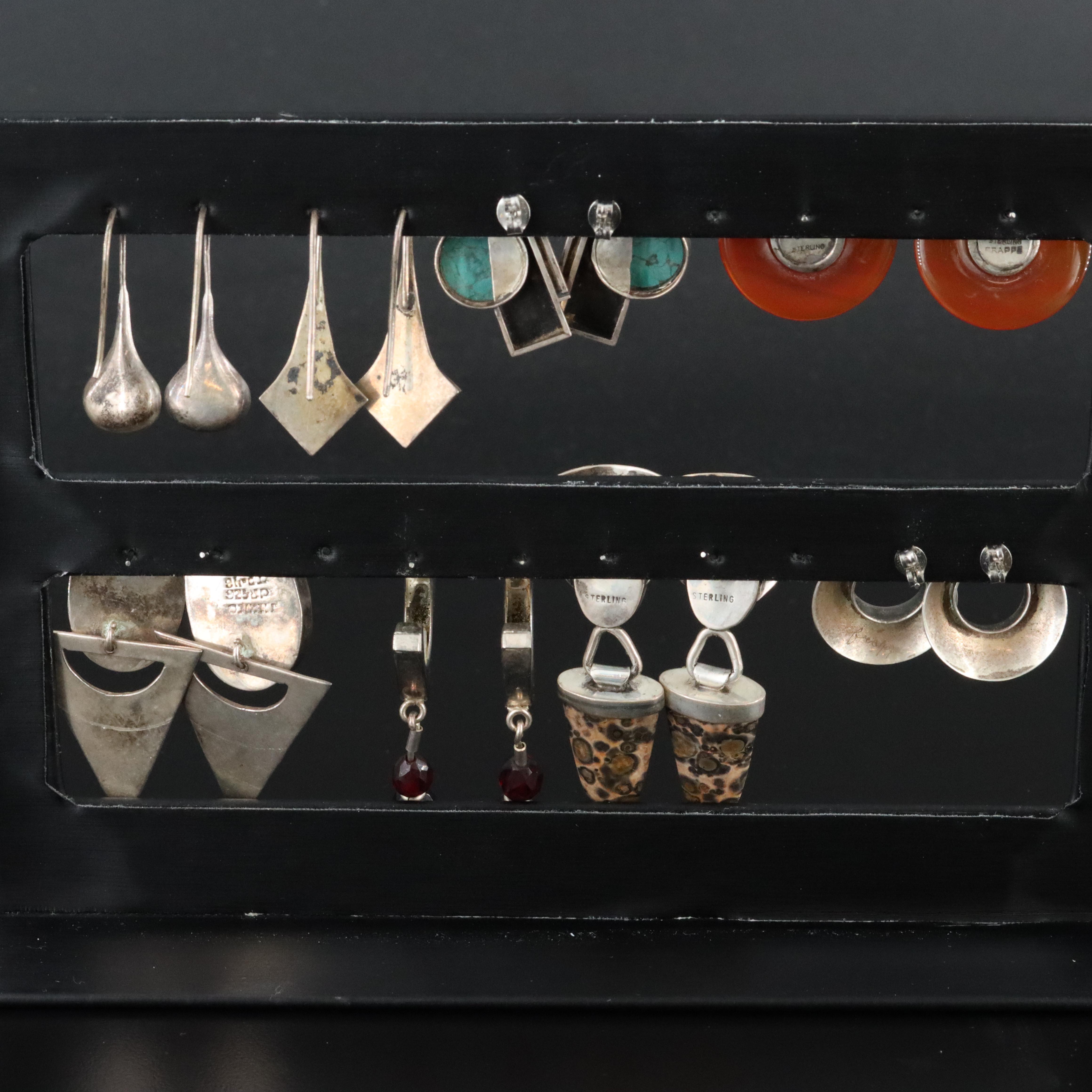 Collection of Studio Style Sterling Gemstone Earrings ft. Modernist James Frappe