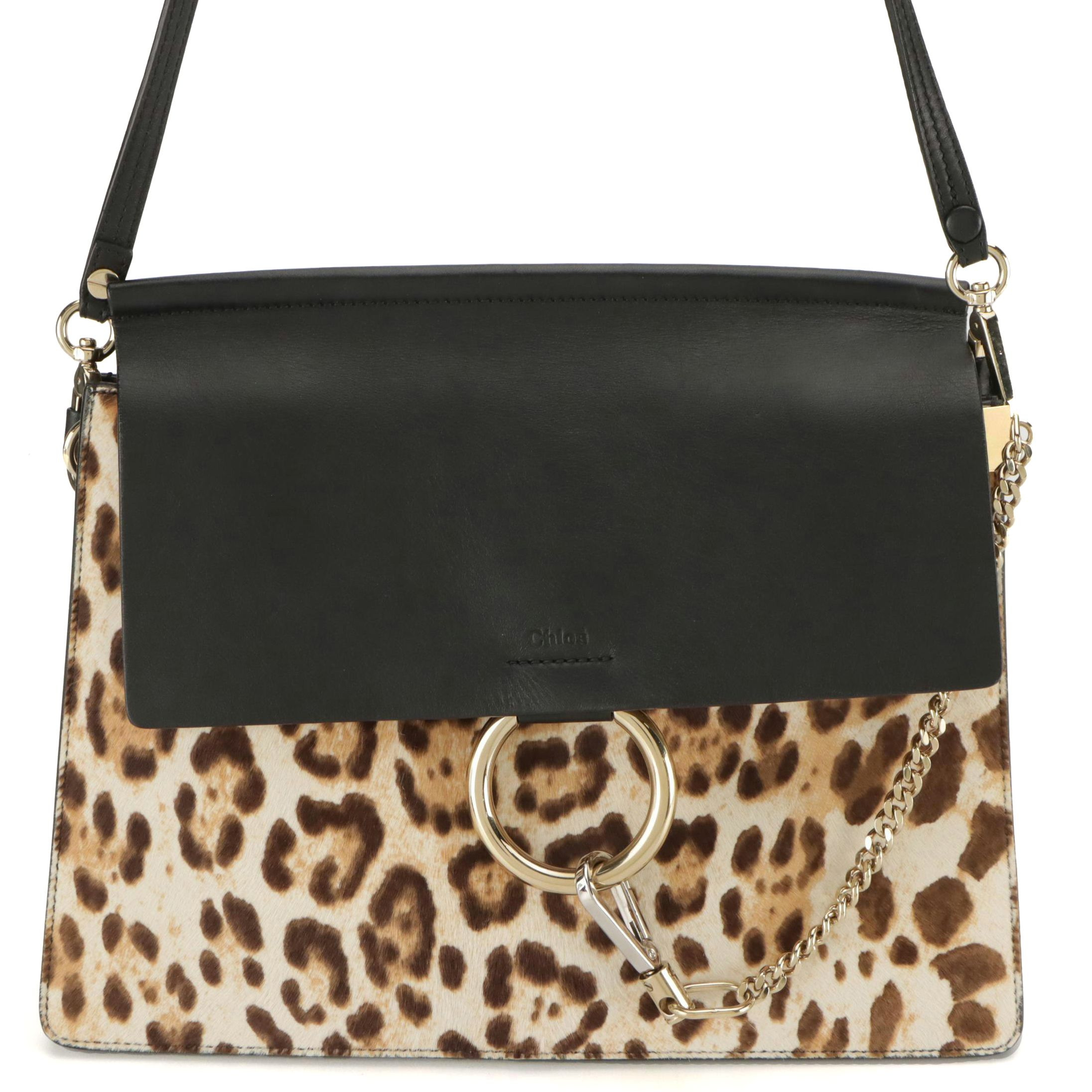 Chloé Medium Faye Shoulder Bag in Leopard Print Pony Hair and Black Calfskin