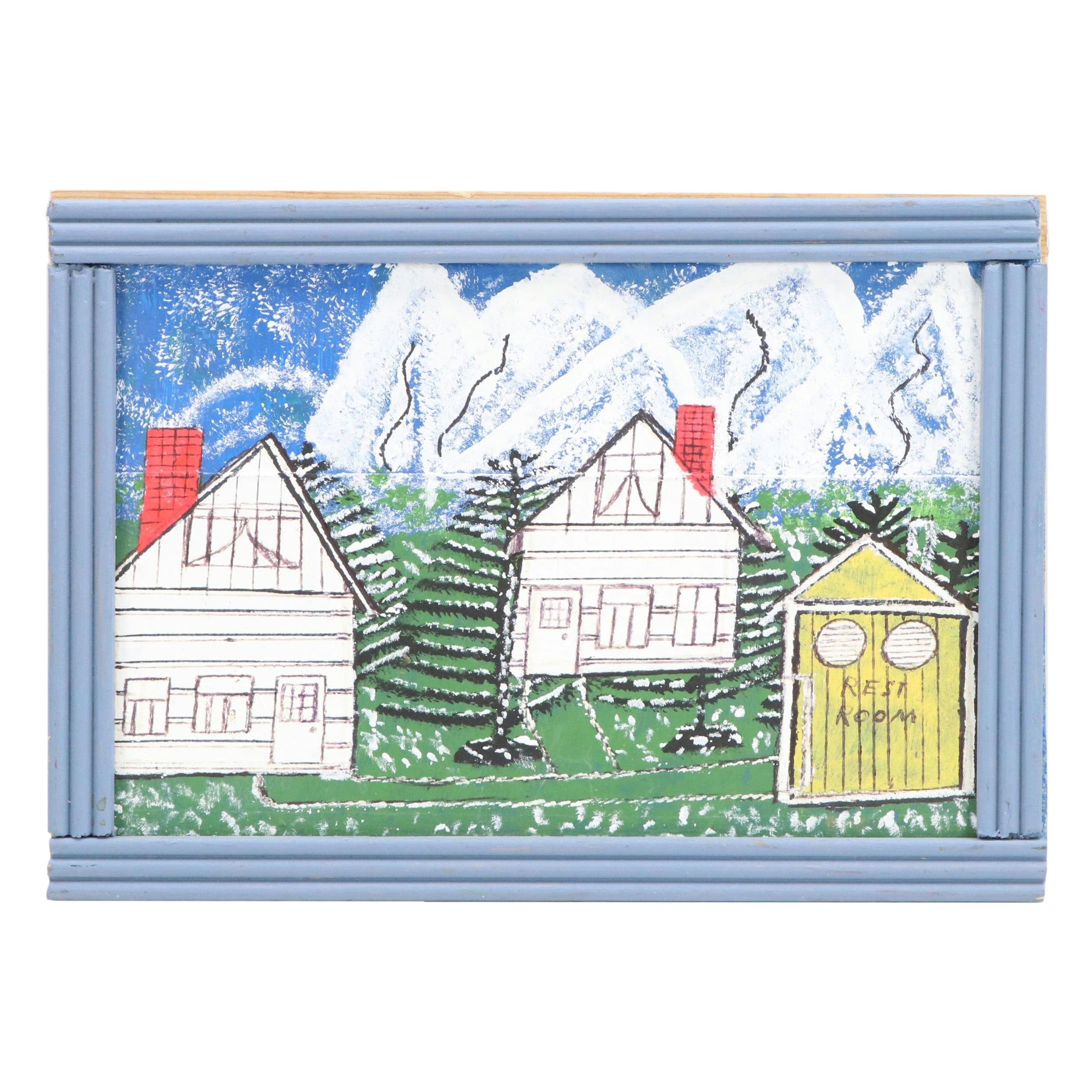 Naive Style Double-Sided Oil Painting of Houses, Mid-Late 20th Century