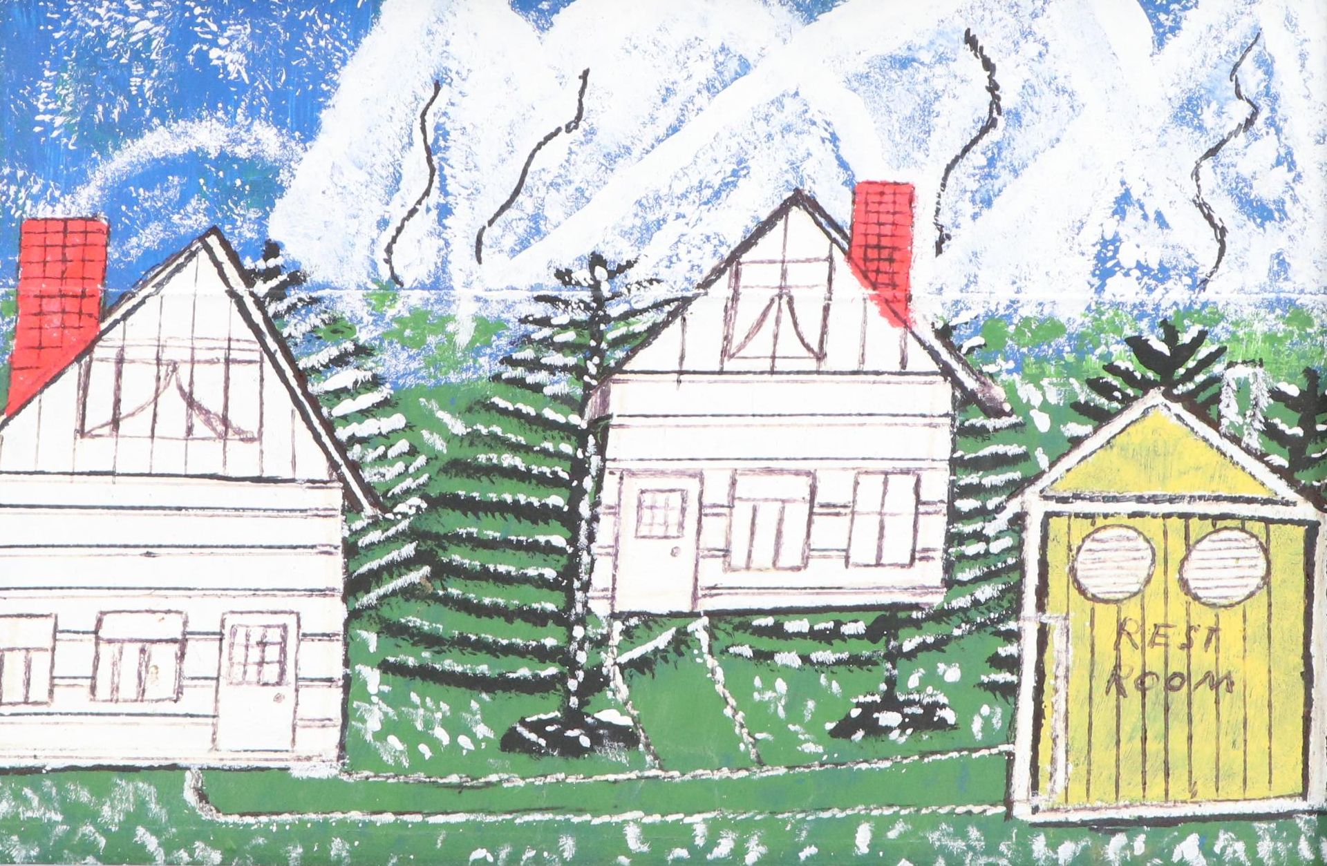 Naive Style Double-Sided Oil Painting of Houses, Mid-Late 20th Century